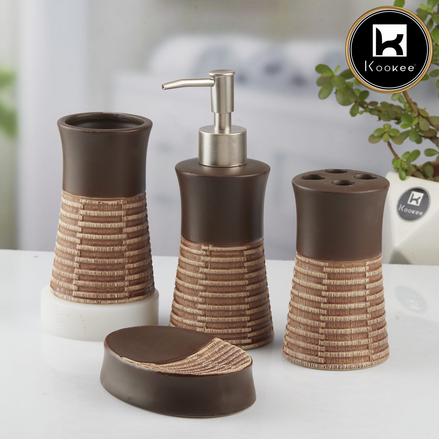 Ceramic Bathroom Set of 4 with Soap Dispenser (10437)