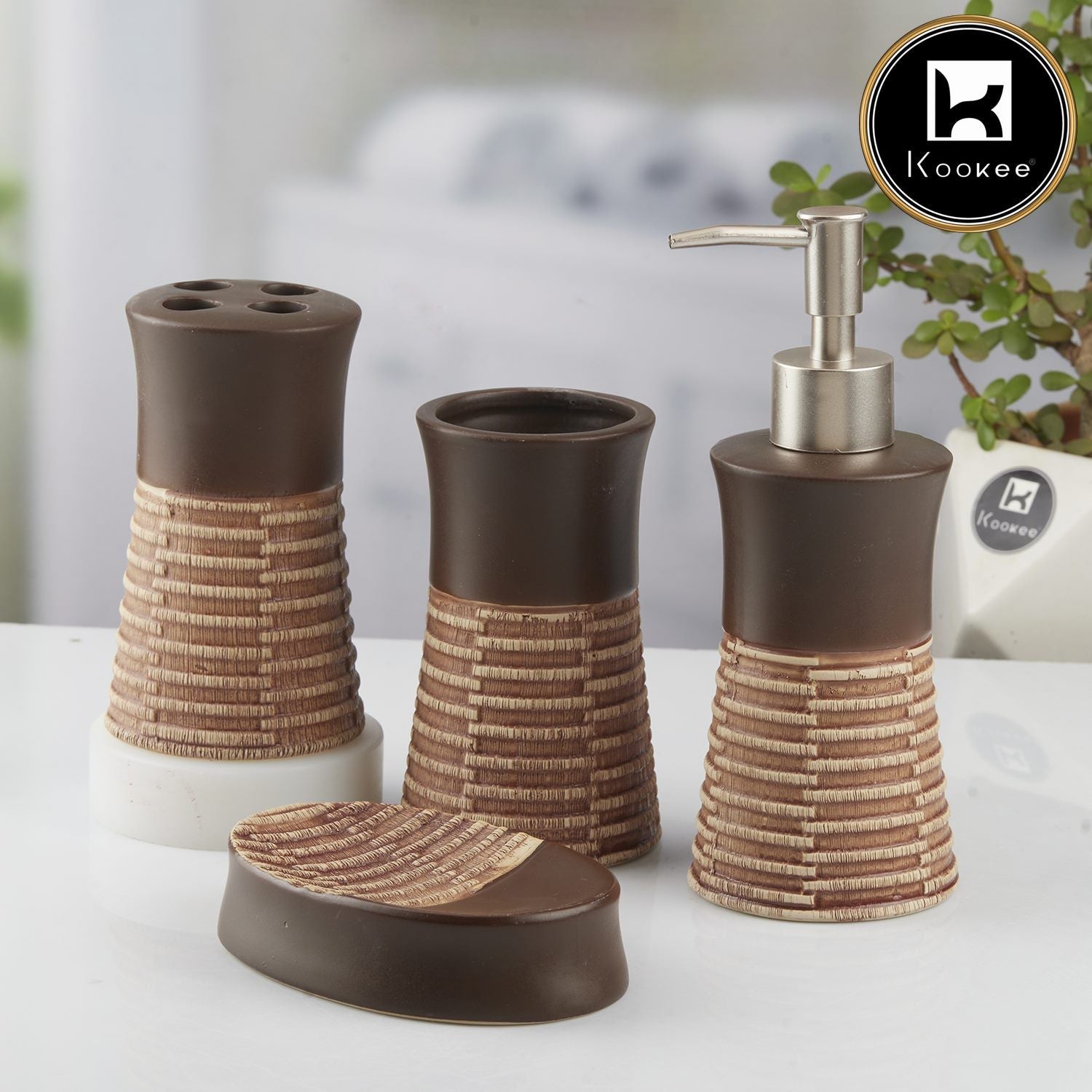 Ceramic Bathroom Set of 4 with Soap Dispenser (10437)