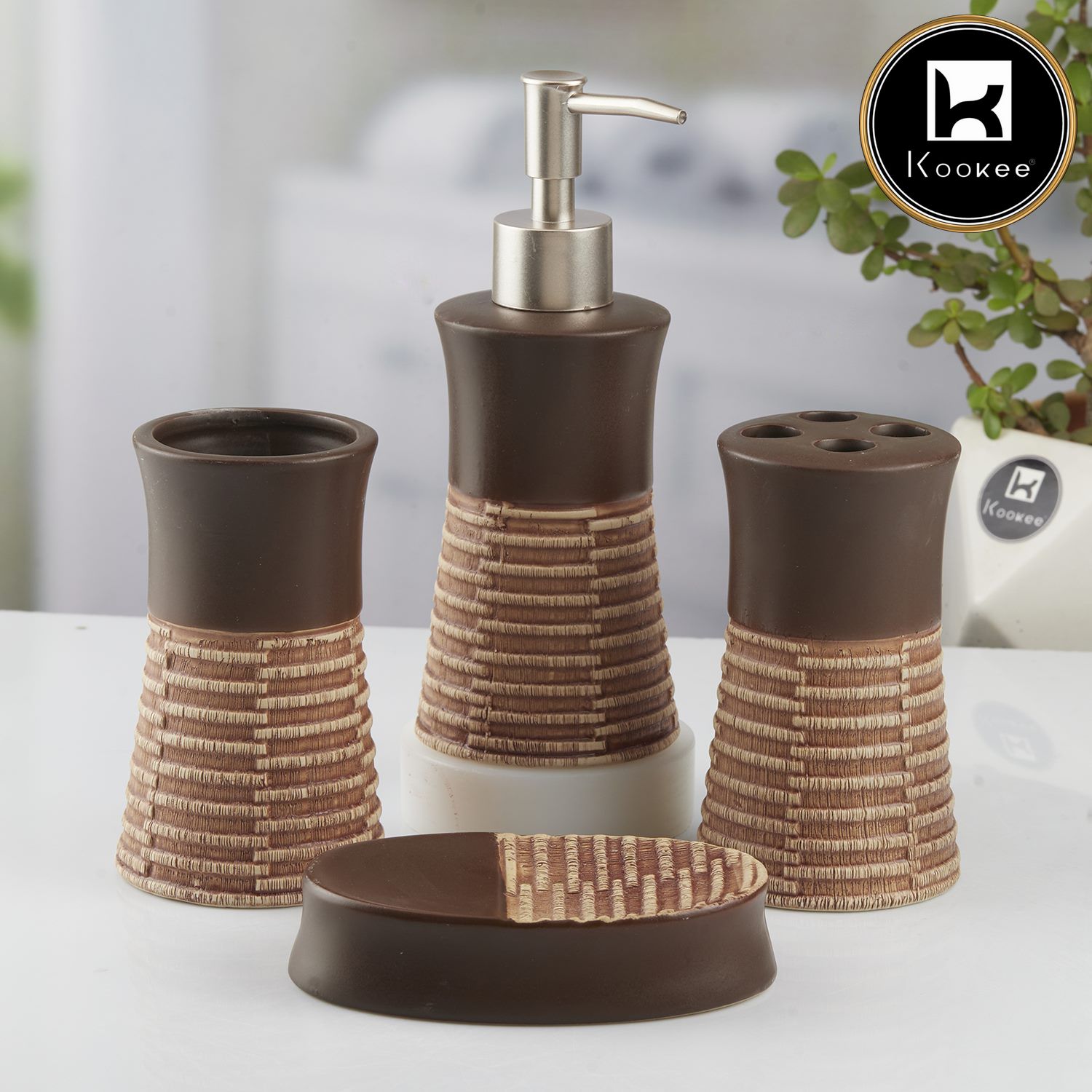 Ceramic Bathroom Set of 4 with Soap Dispenser (10437)