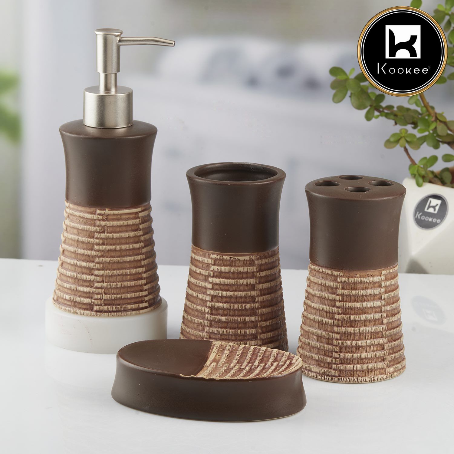 Ceramic Bathroom Set of 4 with Soap Dispenser (10437)