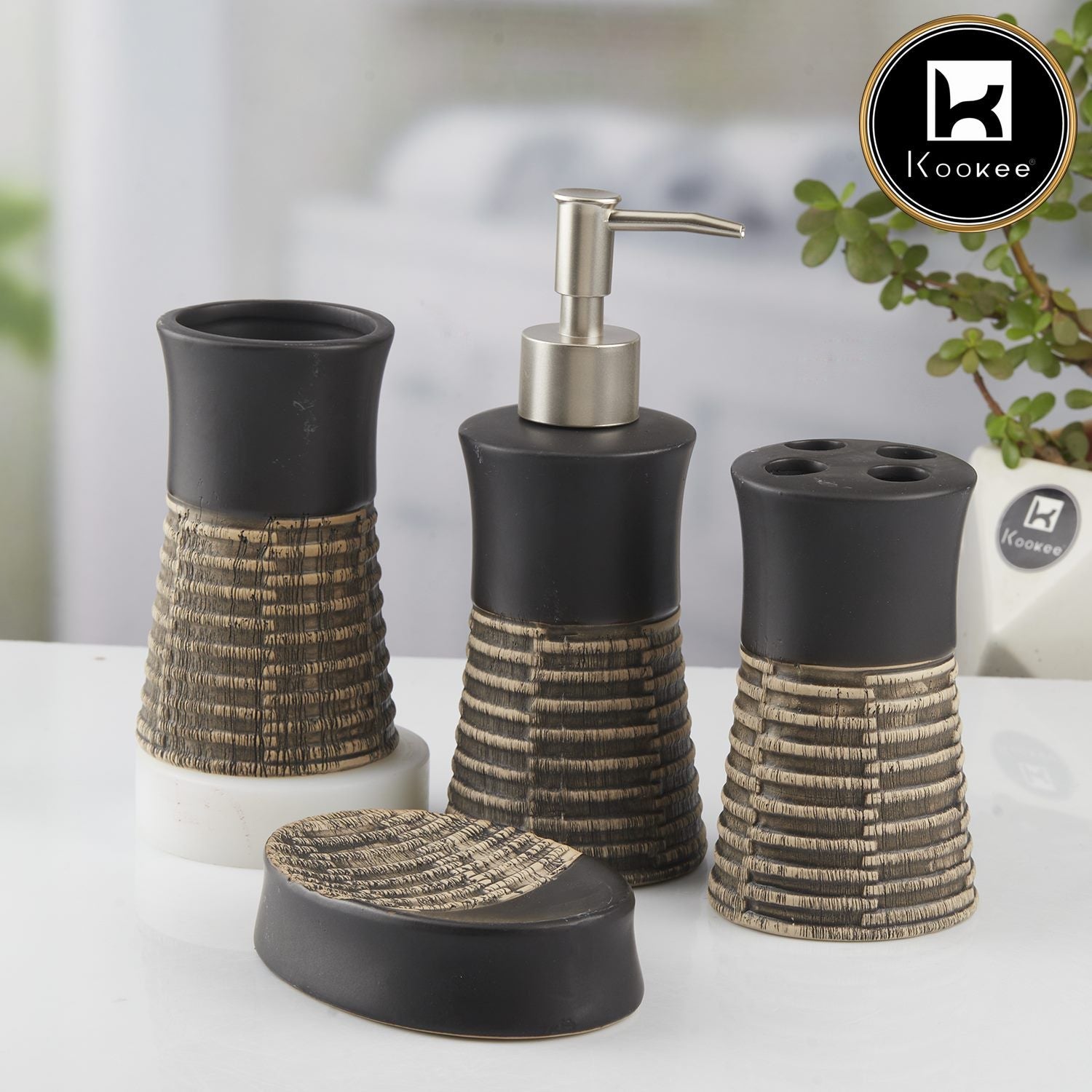 Ceramic Bathroom Set of 4 with Soap Dispenser (10438)