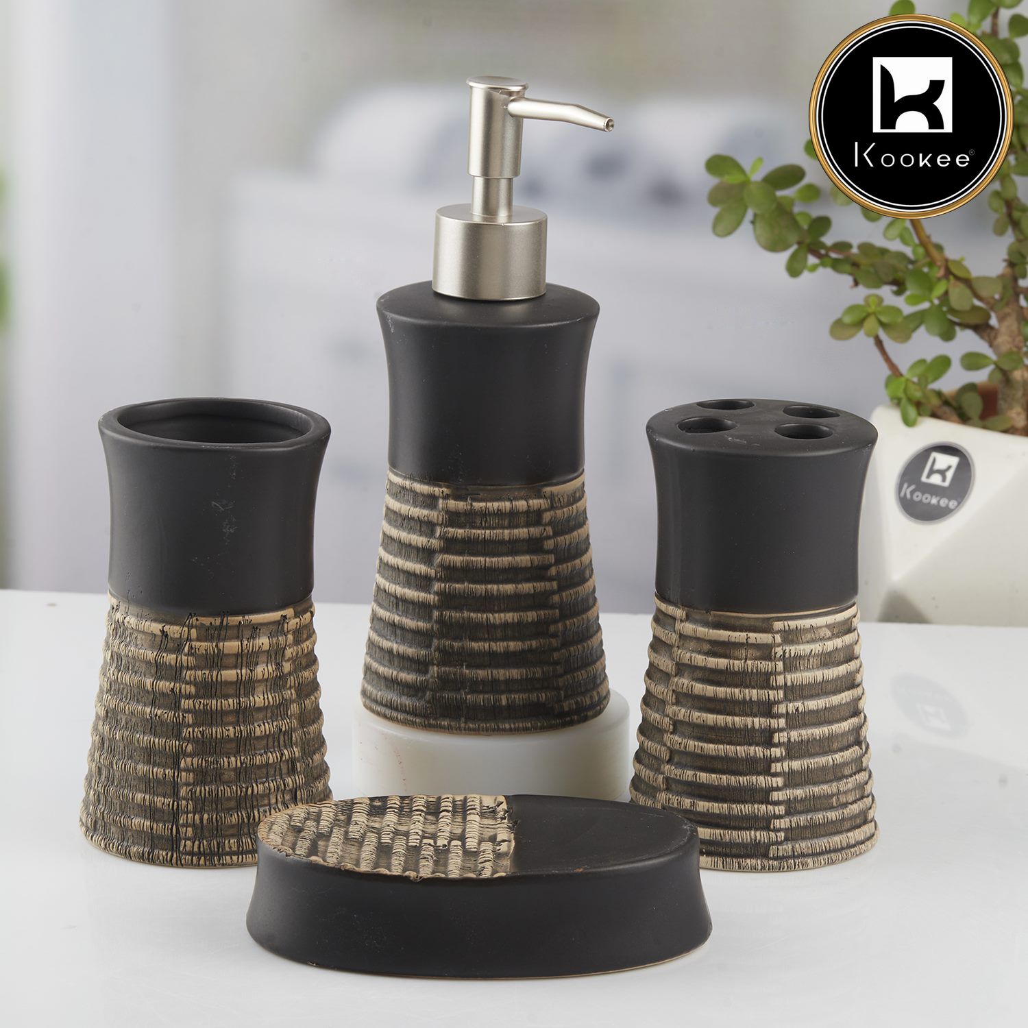 Ceramic Bathroom Set of 4 with Soap Dispenser (10438)