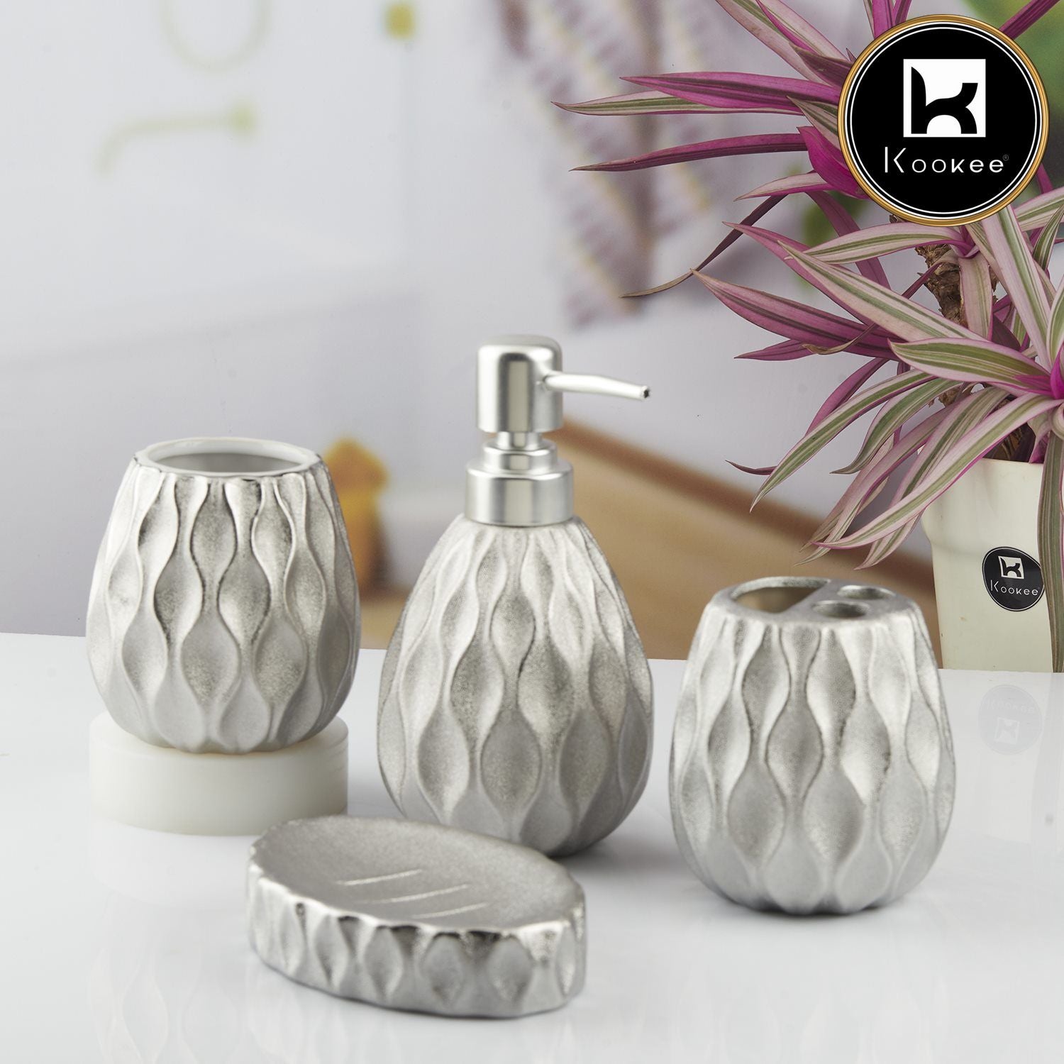 Kookee Ceramic Bathroom Sets, Silver, ART10440