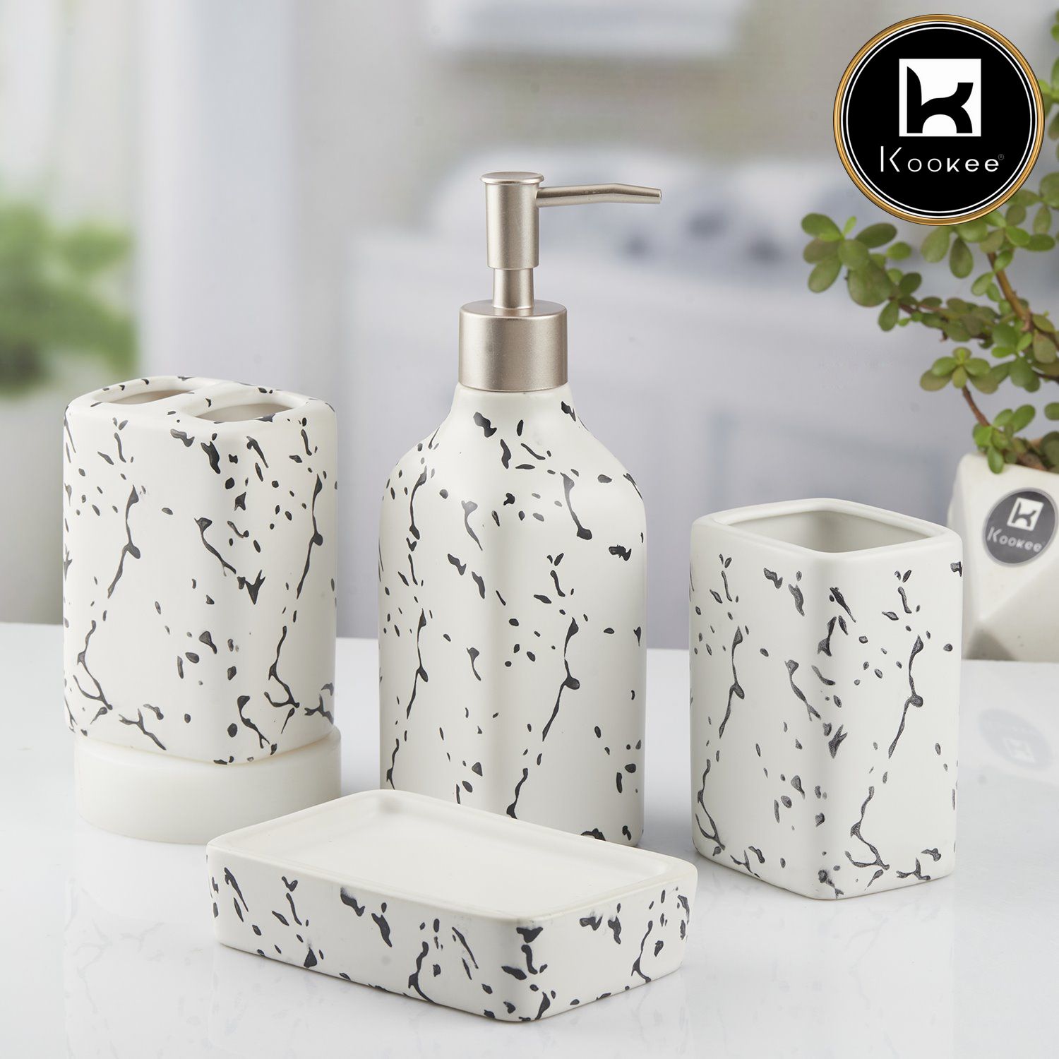 Ceramic Bathroom Accessories Set of 4 with Soap Dispenser (10445)