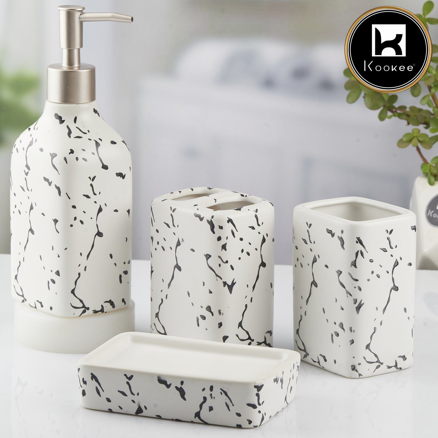 Ceramic Bathroom Accessories Set of 4 with Soap Dispenser (10445)