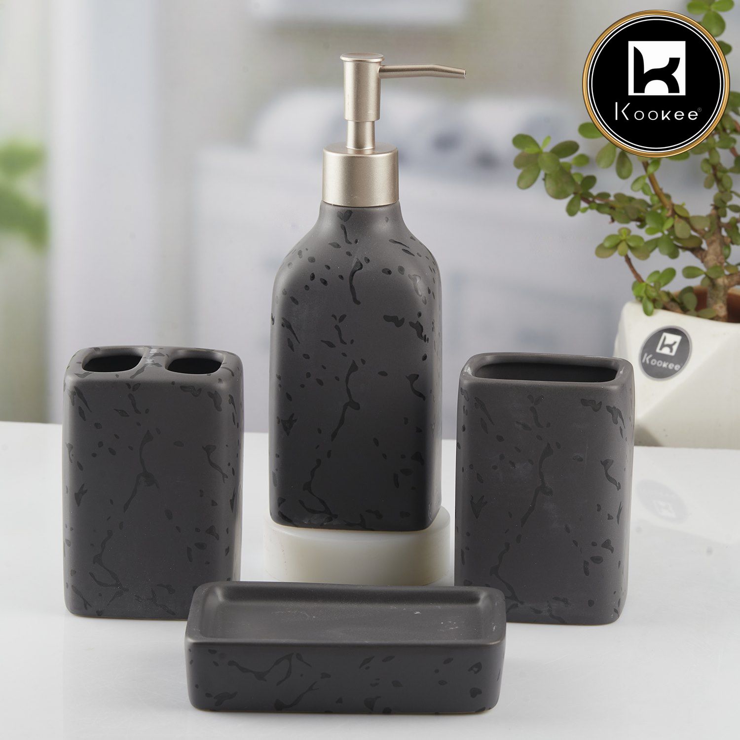 Ceramic Bathroom Accessories Set of 4 with Soap Dispenser (10446)