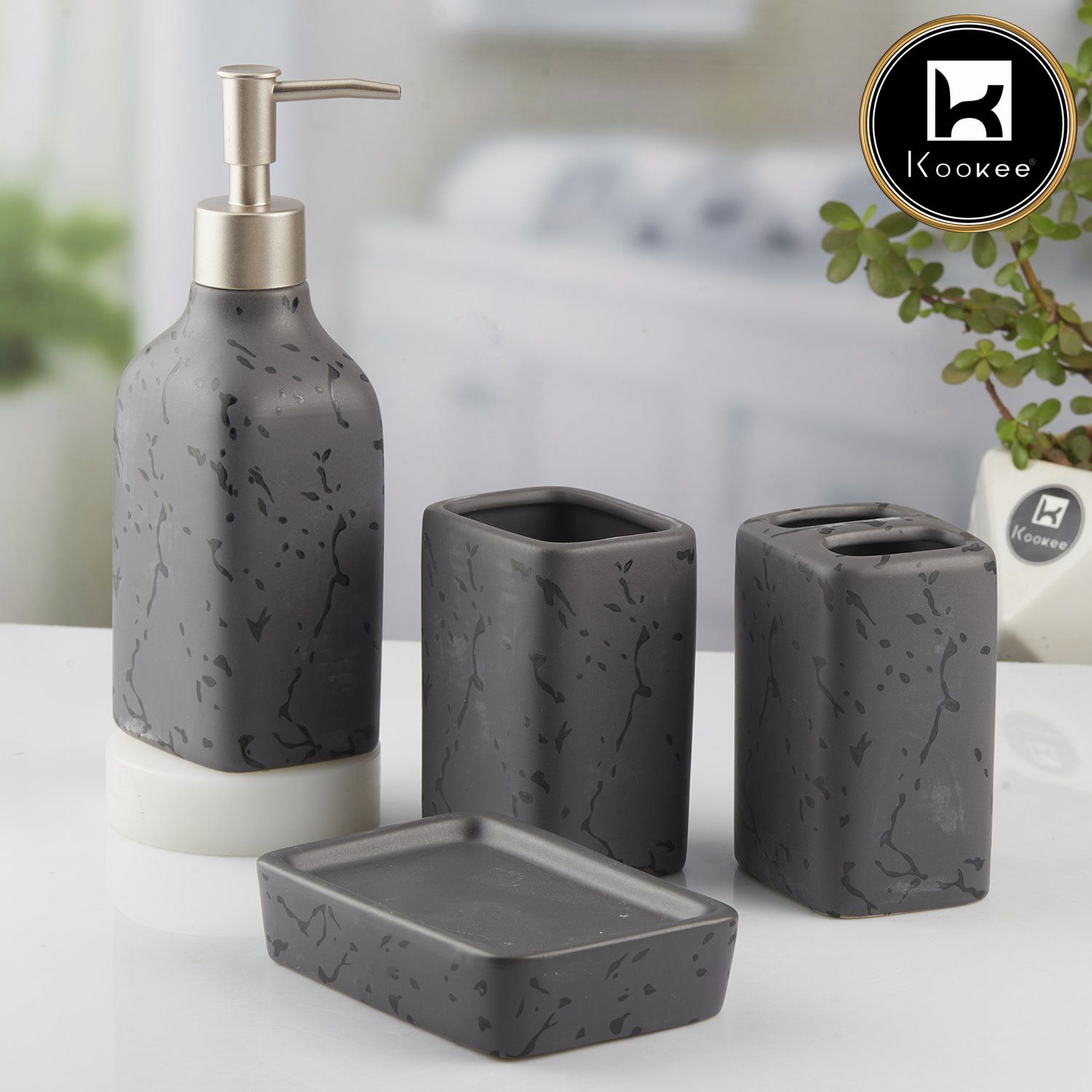 Kookee Ceramic Bathroom Accessories Set of 4, Modern Bath Set with Liquid handwash Soap Dispenser and Toothbrush holder, Luxury Gift Accessory for Home, Grey