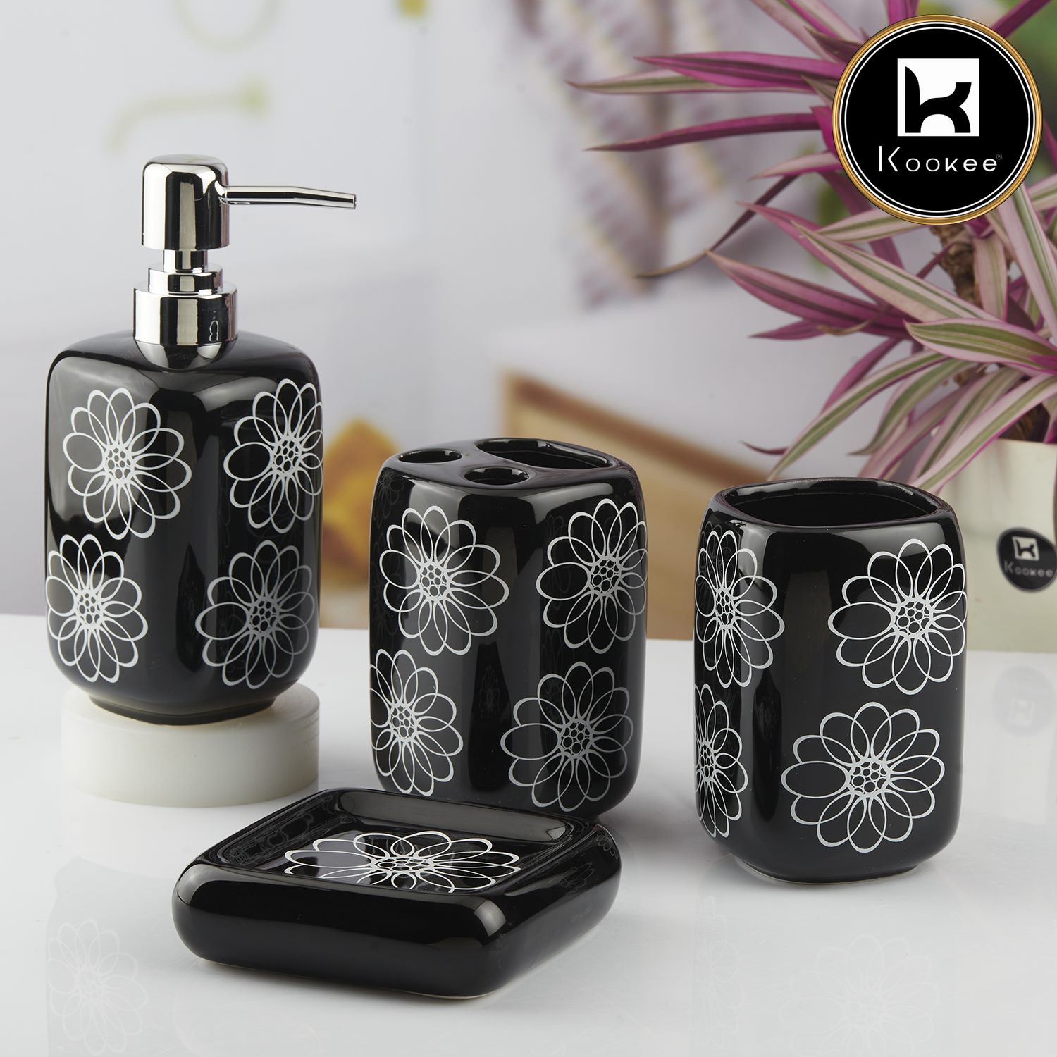 Kookee Ceramic Bathroom Accessories Set of 4, Modern Bath Set with Liquid handwash Soap Dispenser and Toothbrush holder, Luxury Gift Accessory for Home, Black