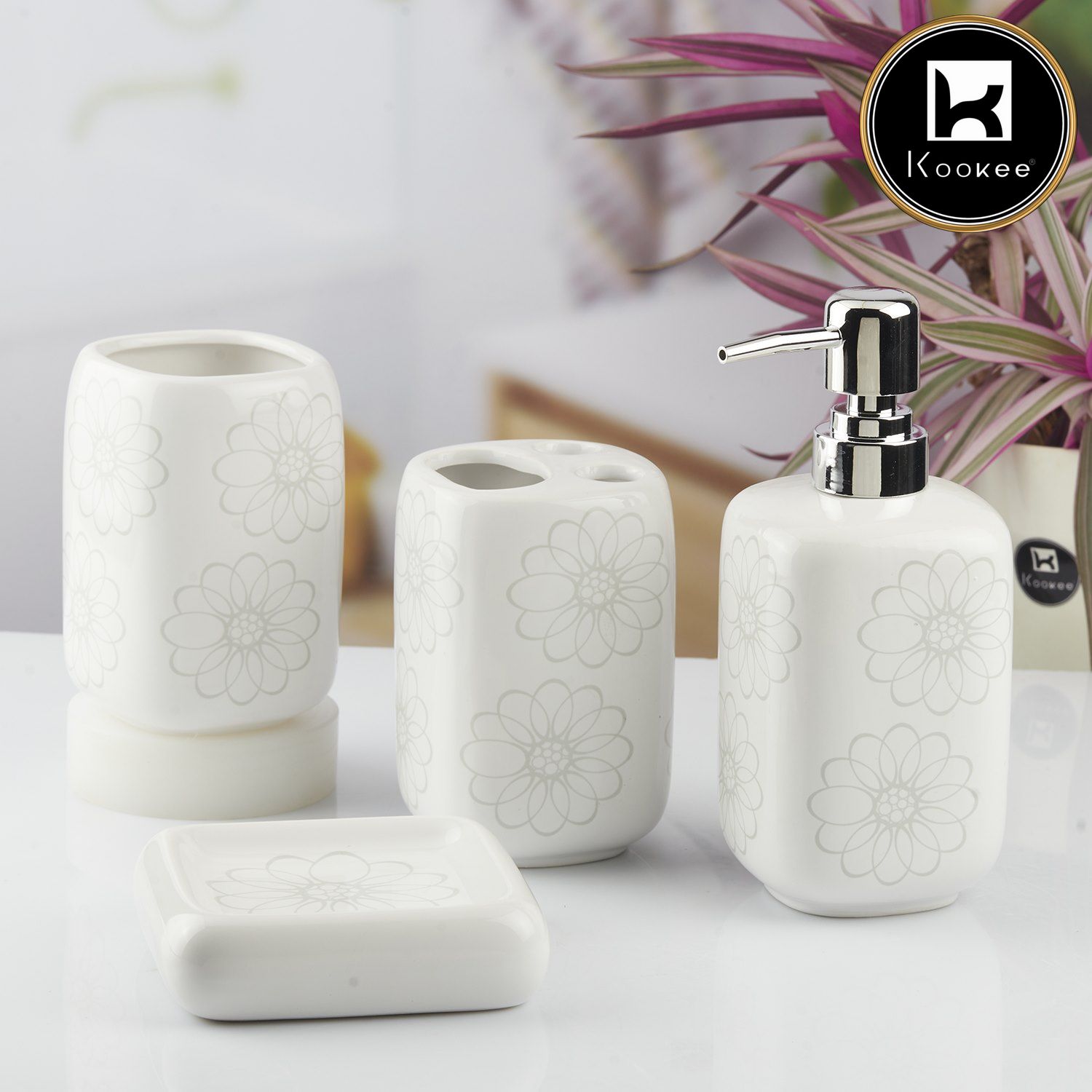 Ceramic Bathroom Accessories Set of 4 with Soap Dispenser (10450)