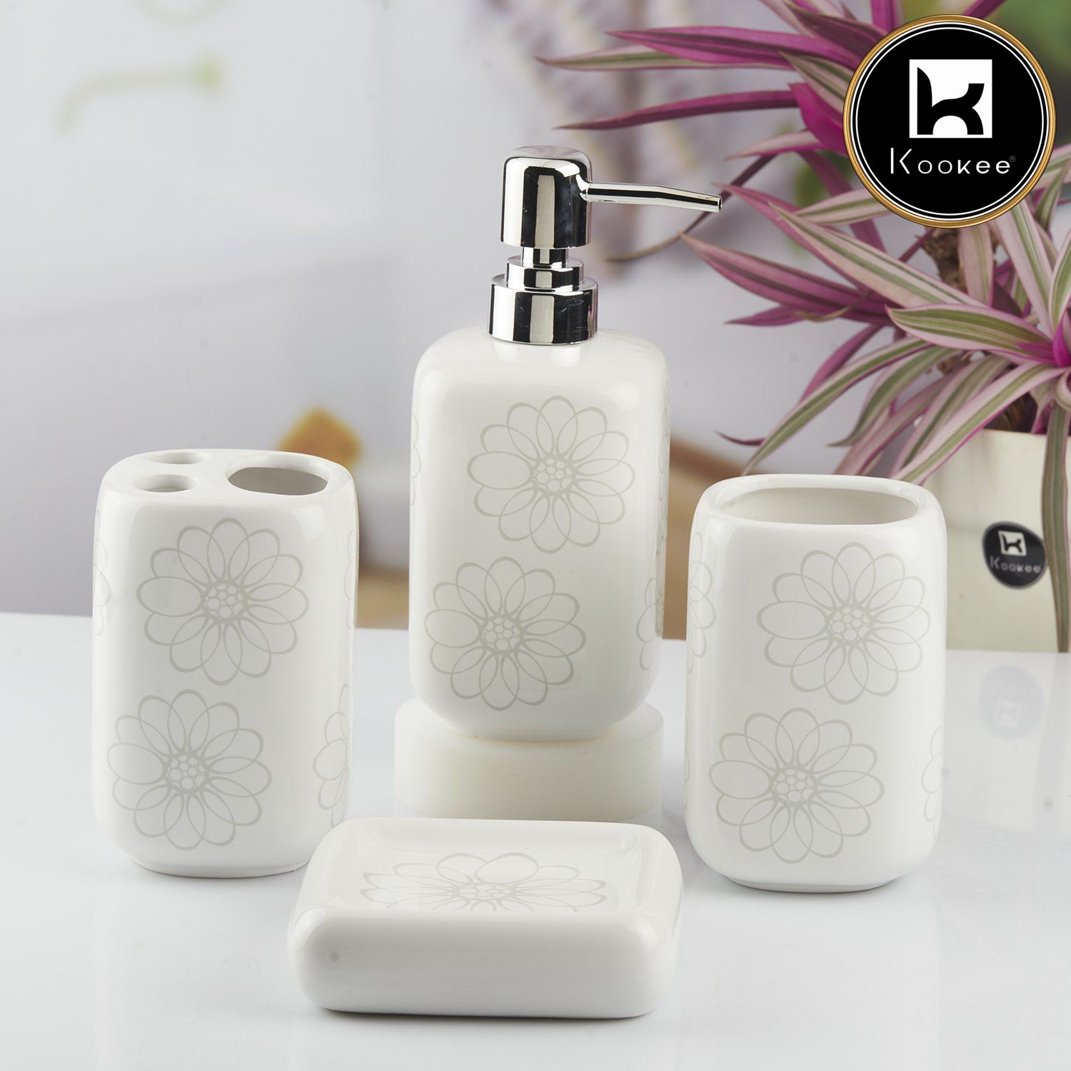 Ceramic Bathroom Accessories Set of 4 with Soap Dispenser (10450)