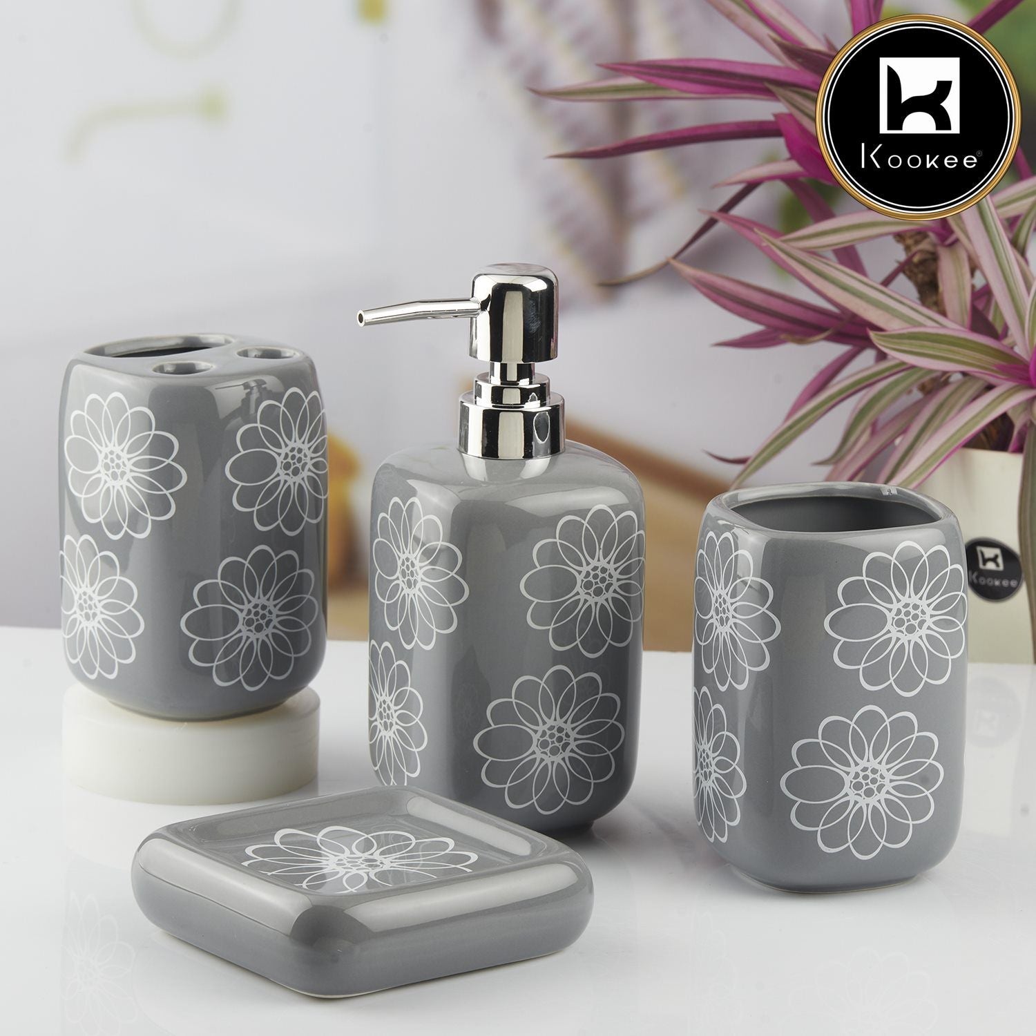 Ceramic Bathroom Accessories Set of 4 with Soap Dispenser (10451)