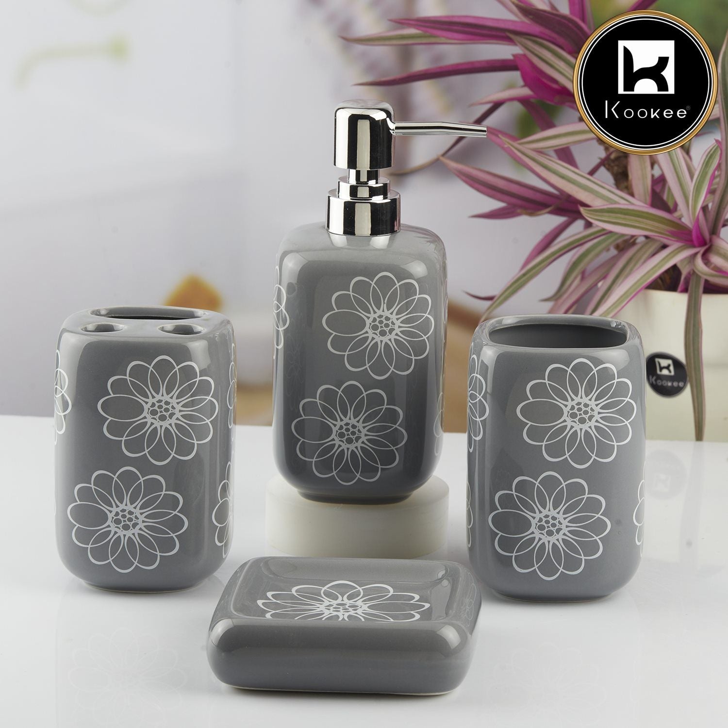 Ceramic Bathroom Accessories Set of 4 with Soap Dispenser (10451)