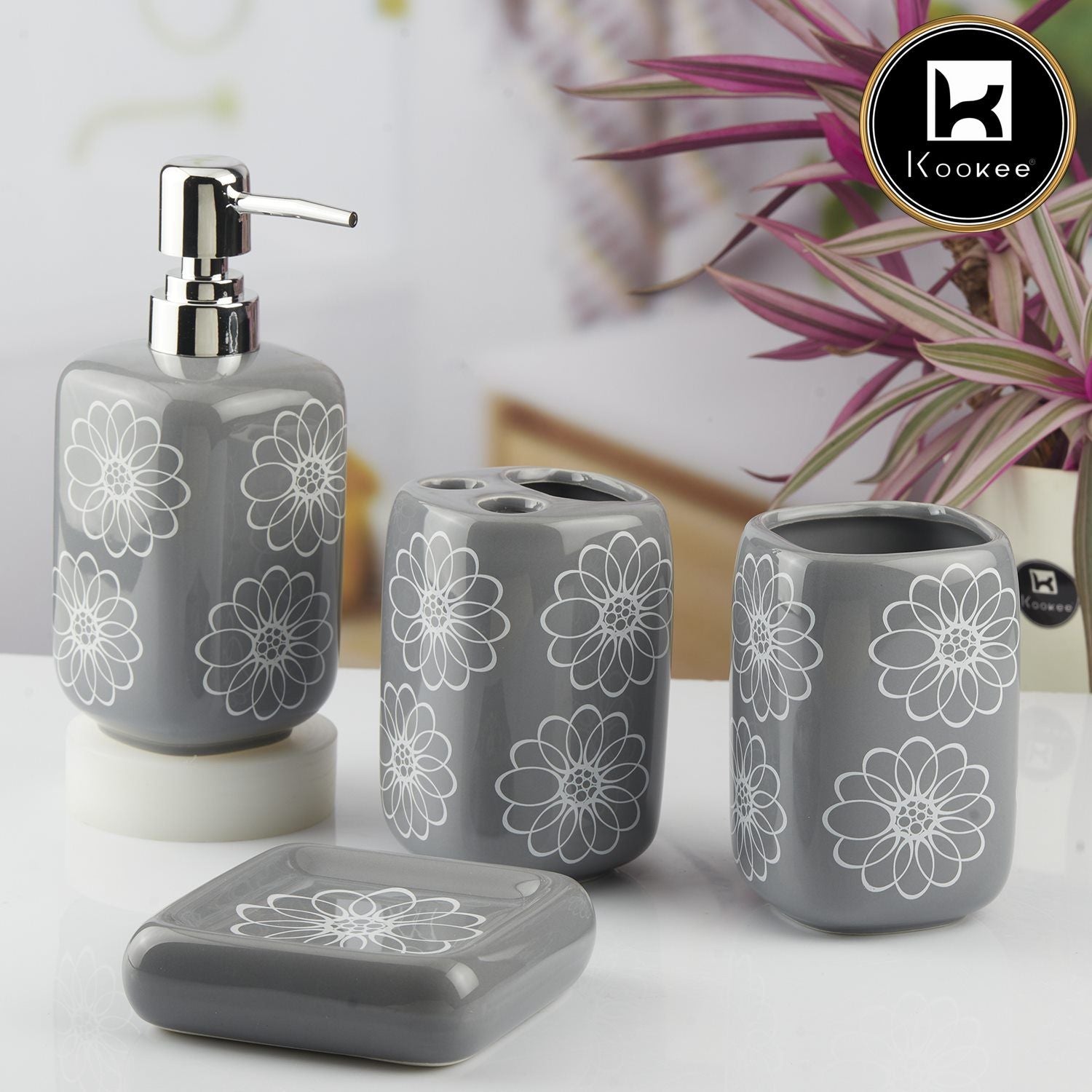 Kookee Ceramic Bathroom Accessories Set of 4, Modern Bath Set with Liquid handwash Soap Dispenser and Toothbrush holder, Luxury Gift Accessory for Home, Grey