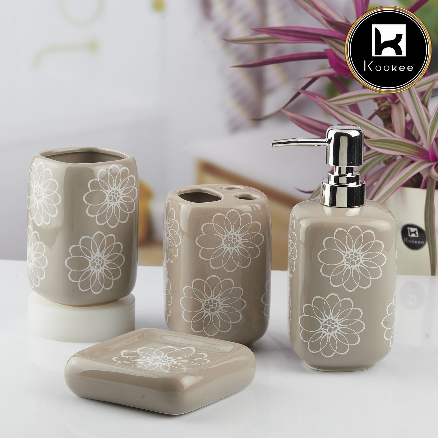 Ceramic Bathroom Accessories Set of 4 with Soap Dispenser (10452)