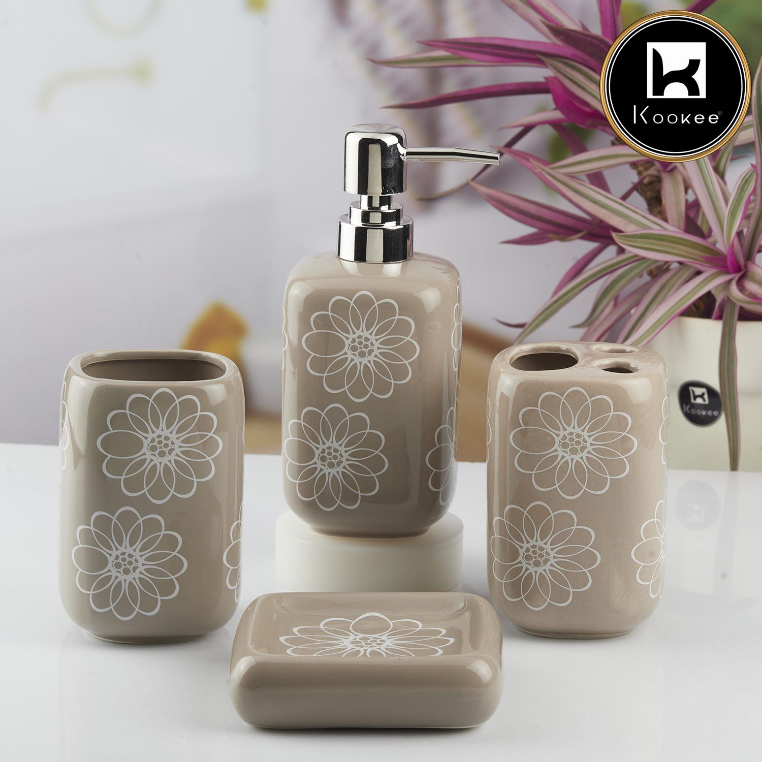 Ceramic Bathroom Accessories Set of 4 with Soap Dispenser (10452)