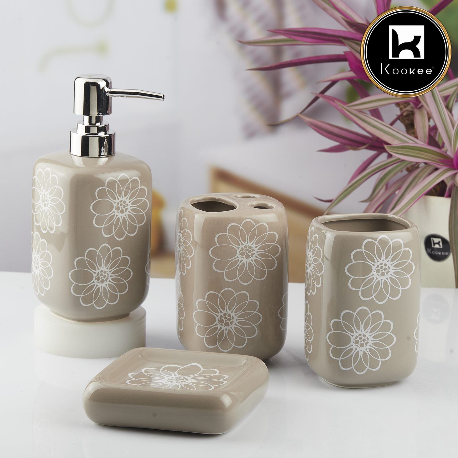 Kookee Ceramic Bathroom Accessories Set of 4, Modern Bath Set with Liquid handwash Soap Dispenser and Toothbrush holder, Luxury Gift Accessory for Home, Beige