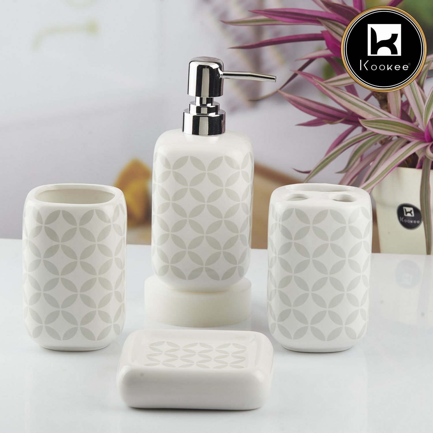 Ceramic Bathroom Accessories Set of 4 with Soap Dispenser (10453)