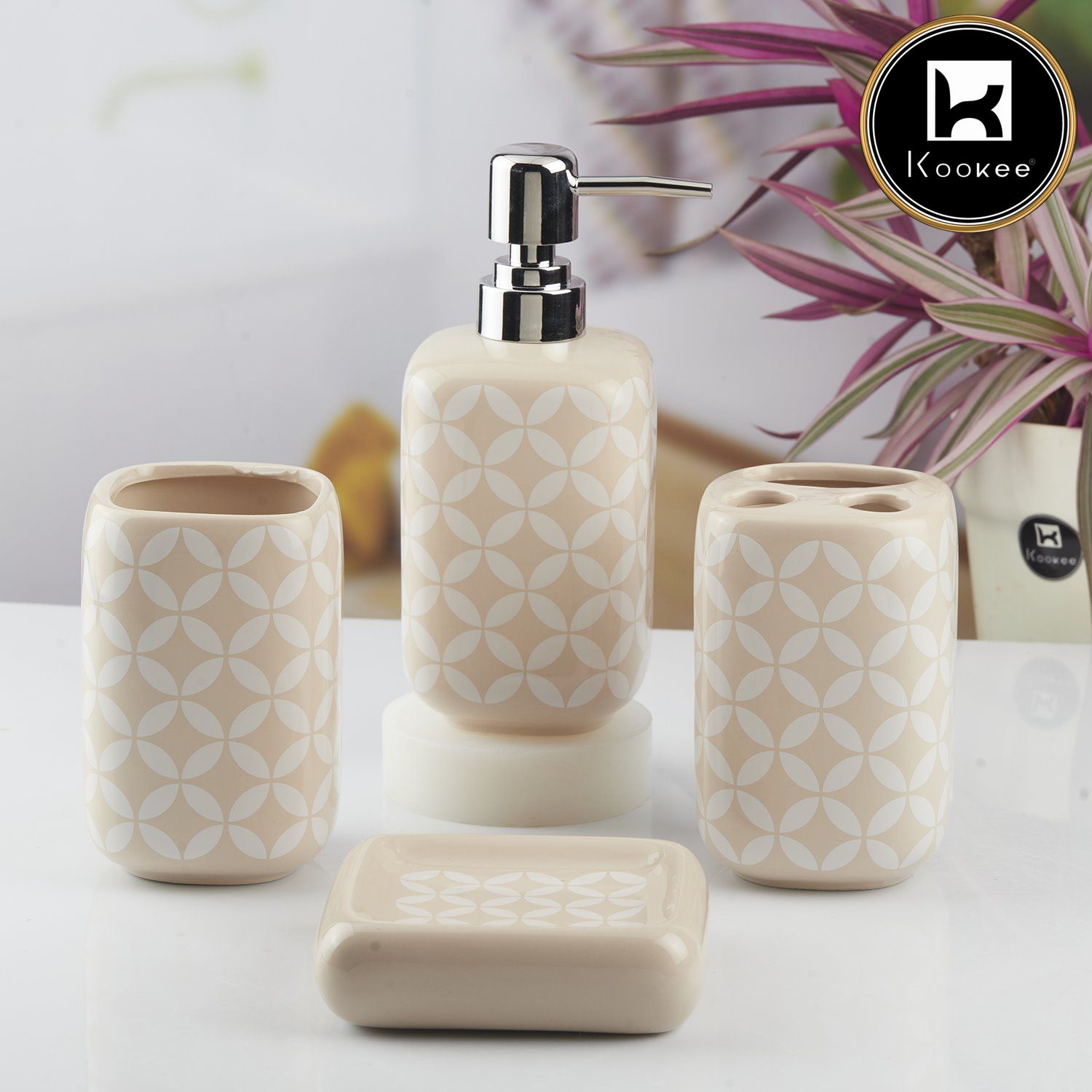 Ceramic Bathroom Accessories Set of 4 with Soap Dispenser (10454)