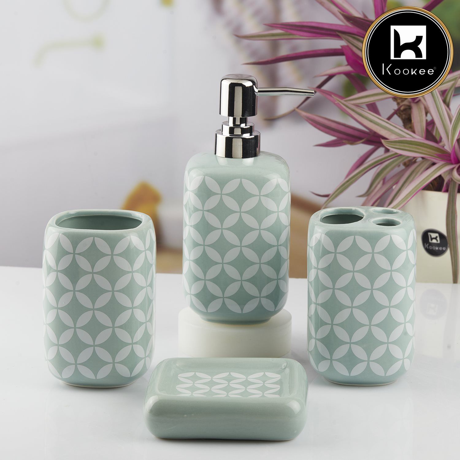 Ceramic Bathroom Accessories Set of 4 with Soap Dispenser (10455)