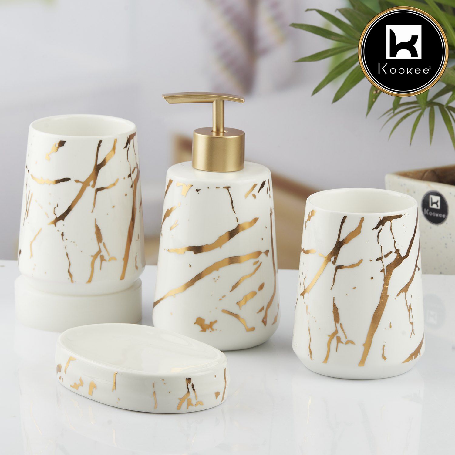 Ceramic Bathroom Set of 4 with Soap Dispenser (V-CBS-009-3)