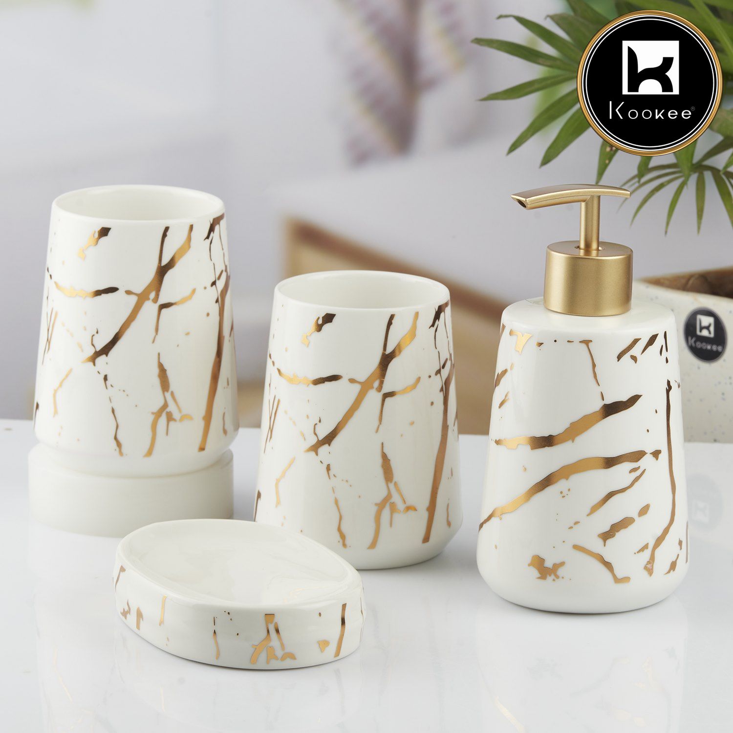 Ceramic Bathroom Set of 4 with Soap Dispenser (10456)