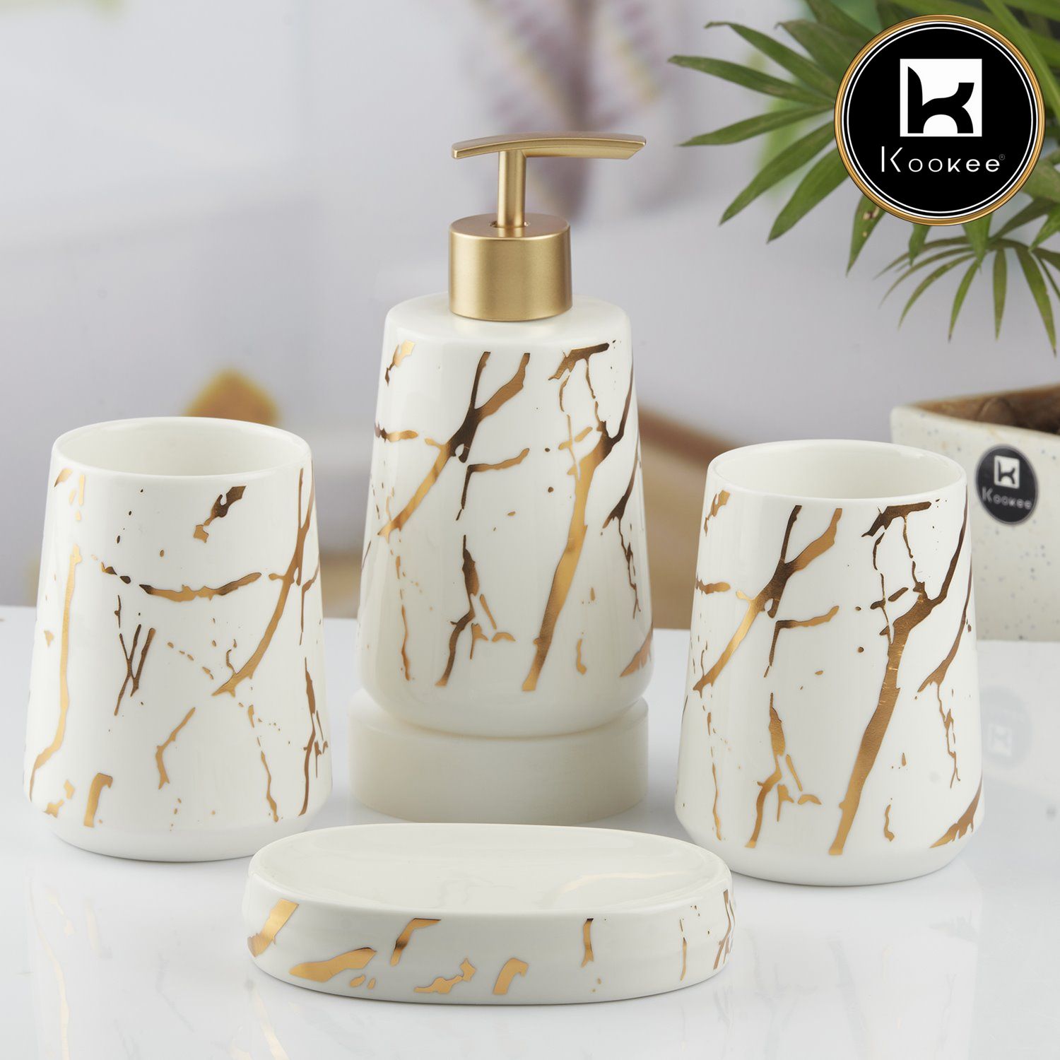 Ceramic Bathroom Set of 4 with Soap Dispenser (10456)