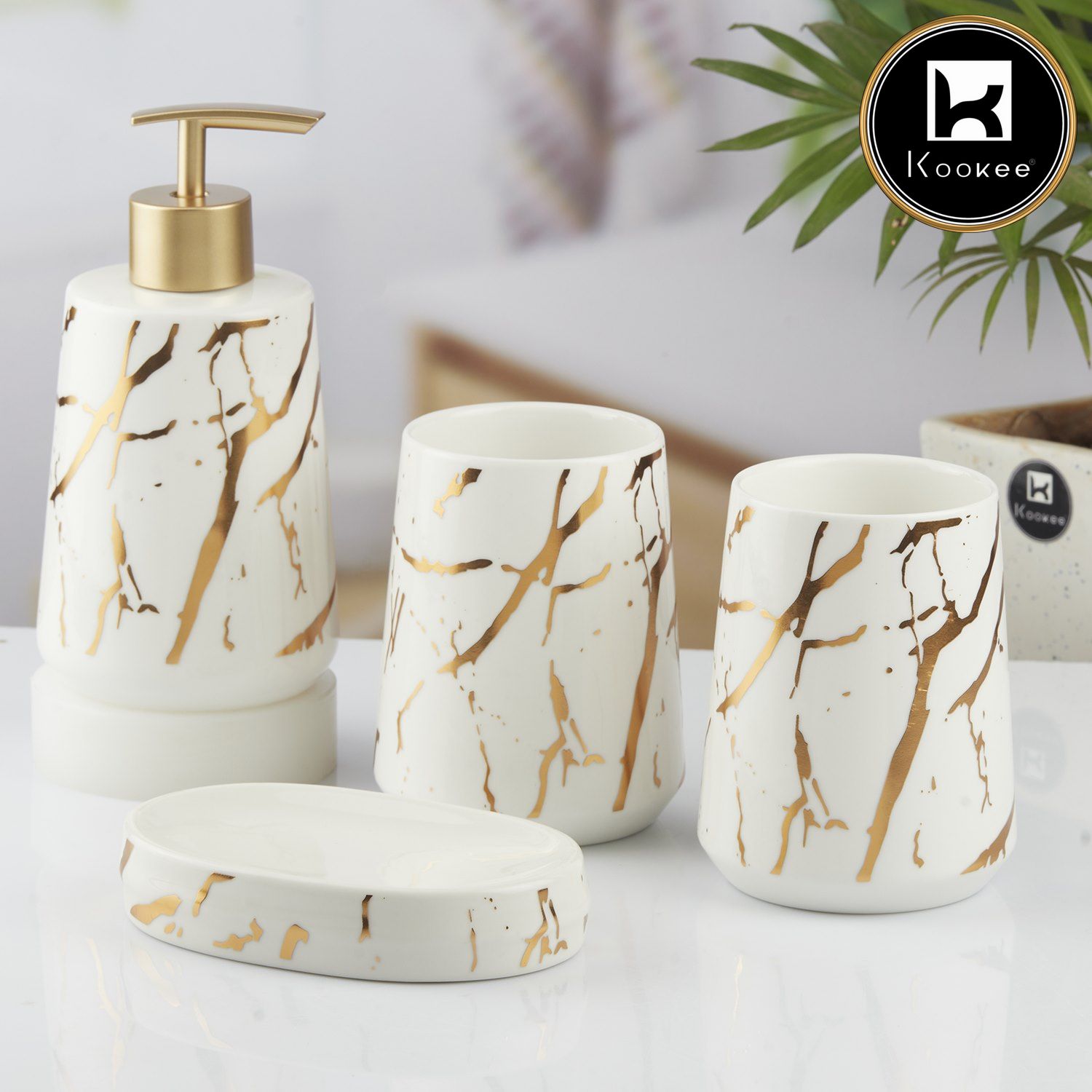 Ceramic Bathroom Set of 4 with Soap Dispenser (10456)