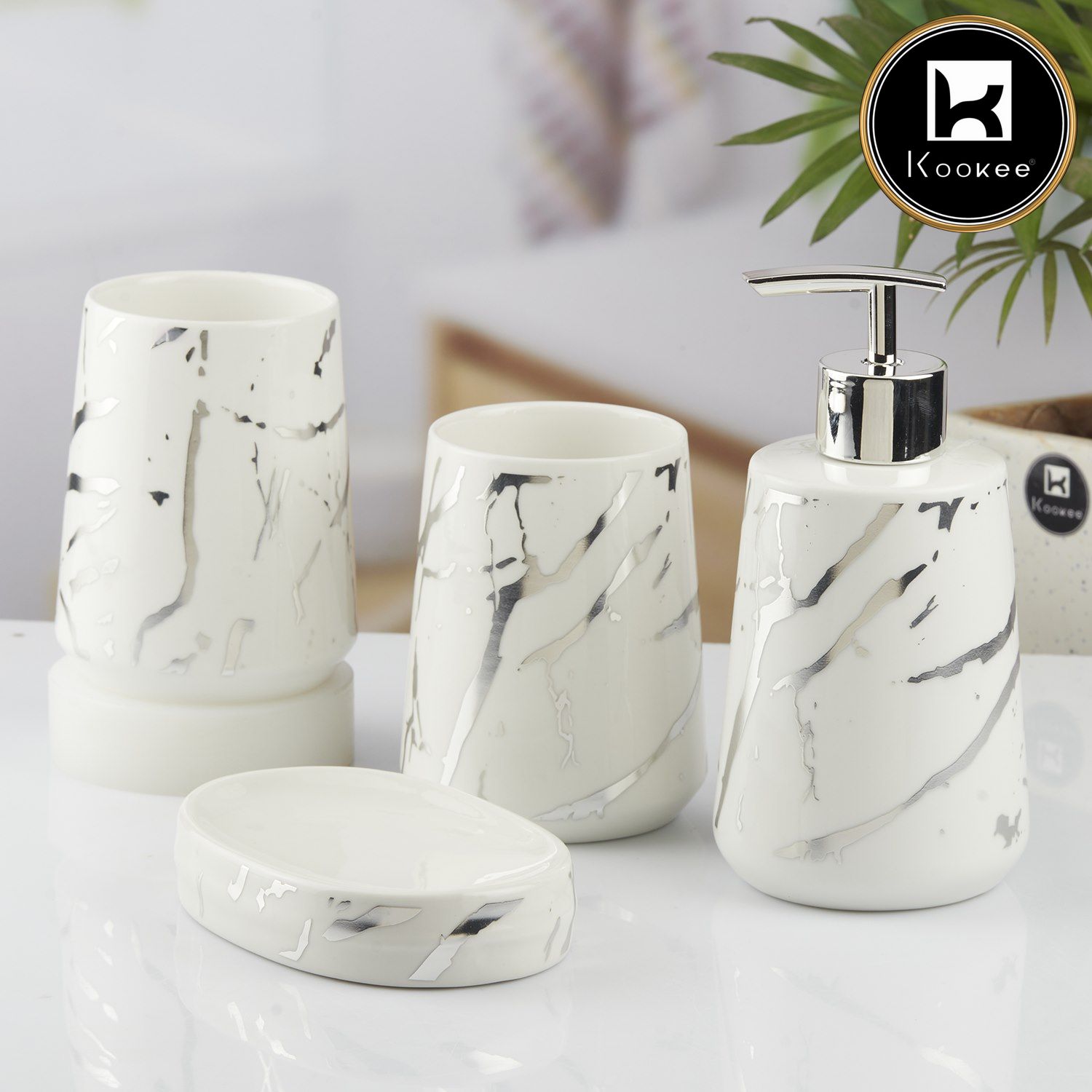 Ceramic Bathroom Set of 4 with Soap Dispenser (10457)