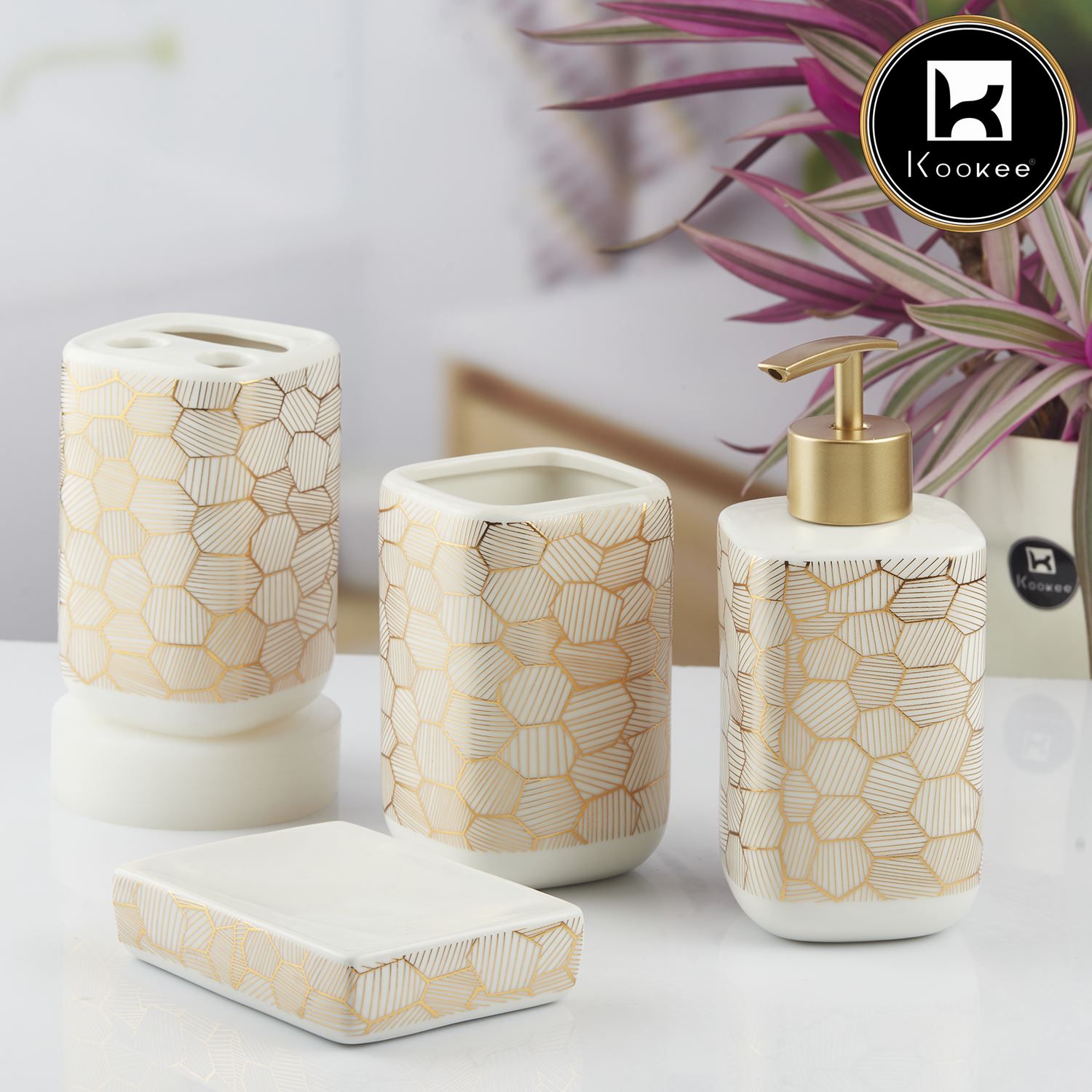 Ceramic Bathroom Set of 4 with Soap Dispenser (10458)