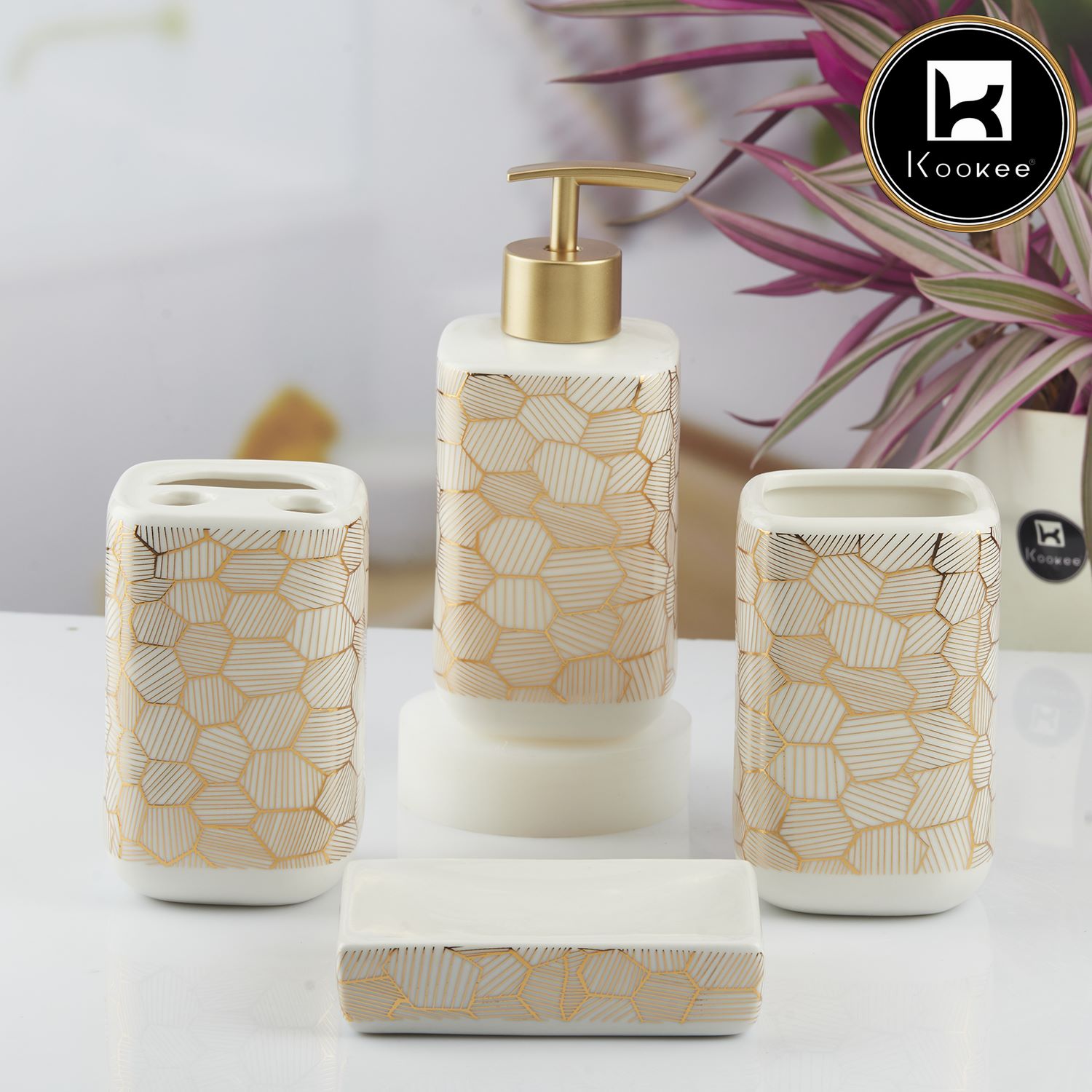 Ceramic Bathroom Set of 4 with Soap Dispenser (10458)