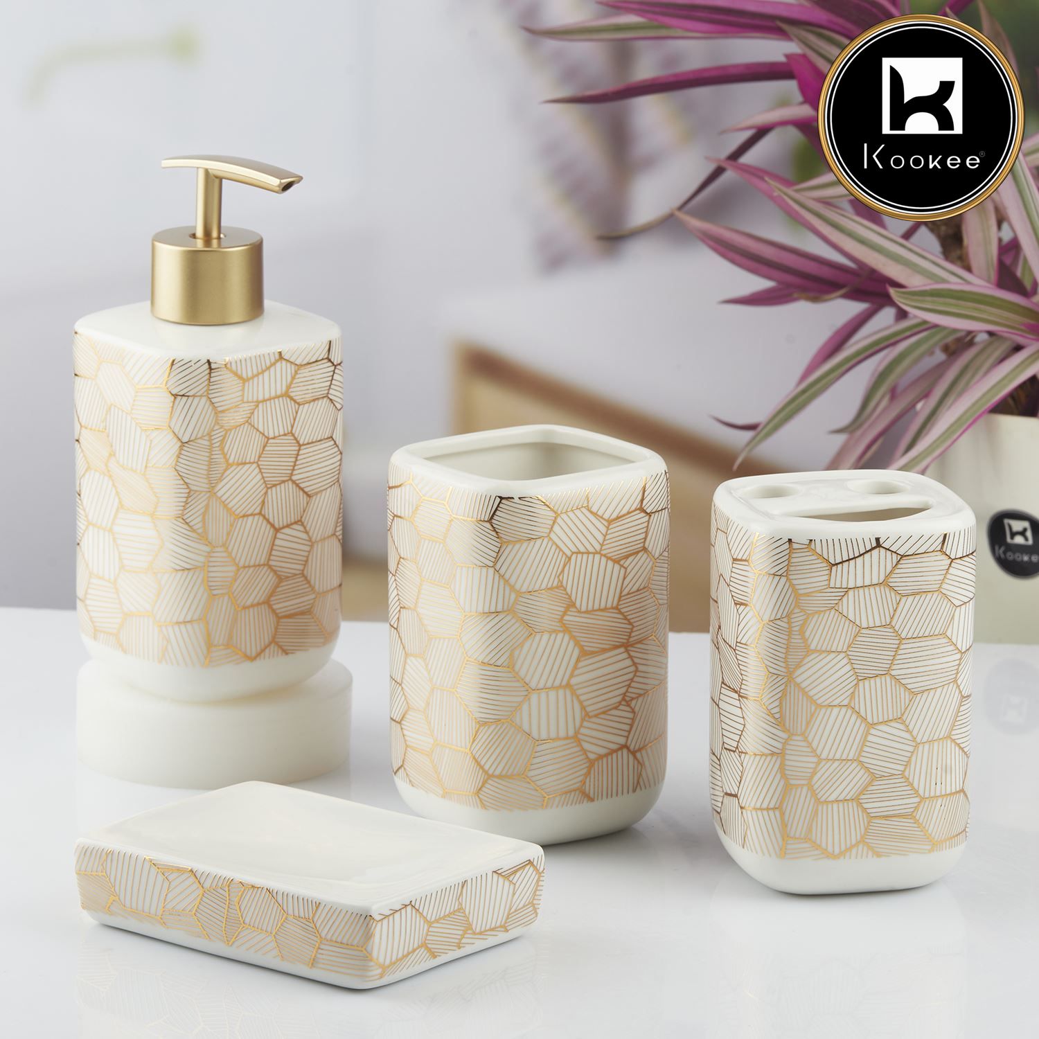 Ceramic Bathroom Set of 4 with Soap Dispenser (10458)