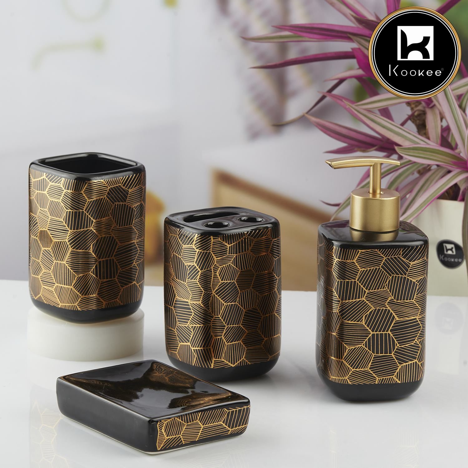 Ceramic Bathroom Set of 4 with Soap Dispenser (V-CBS-006-4)