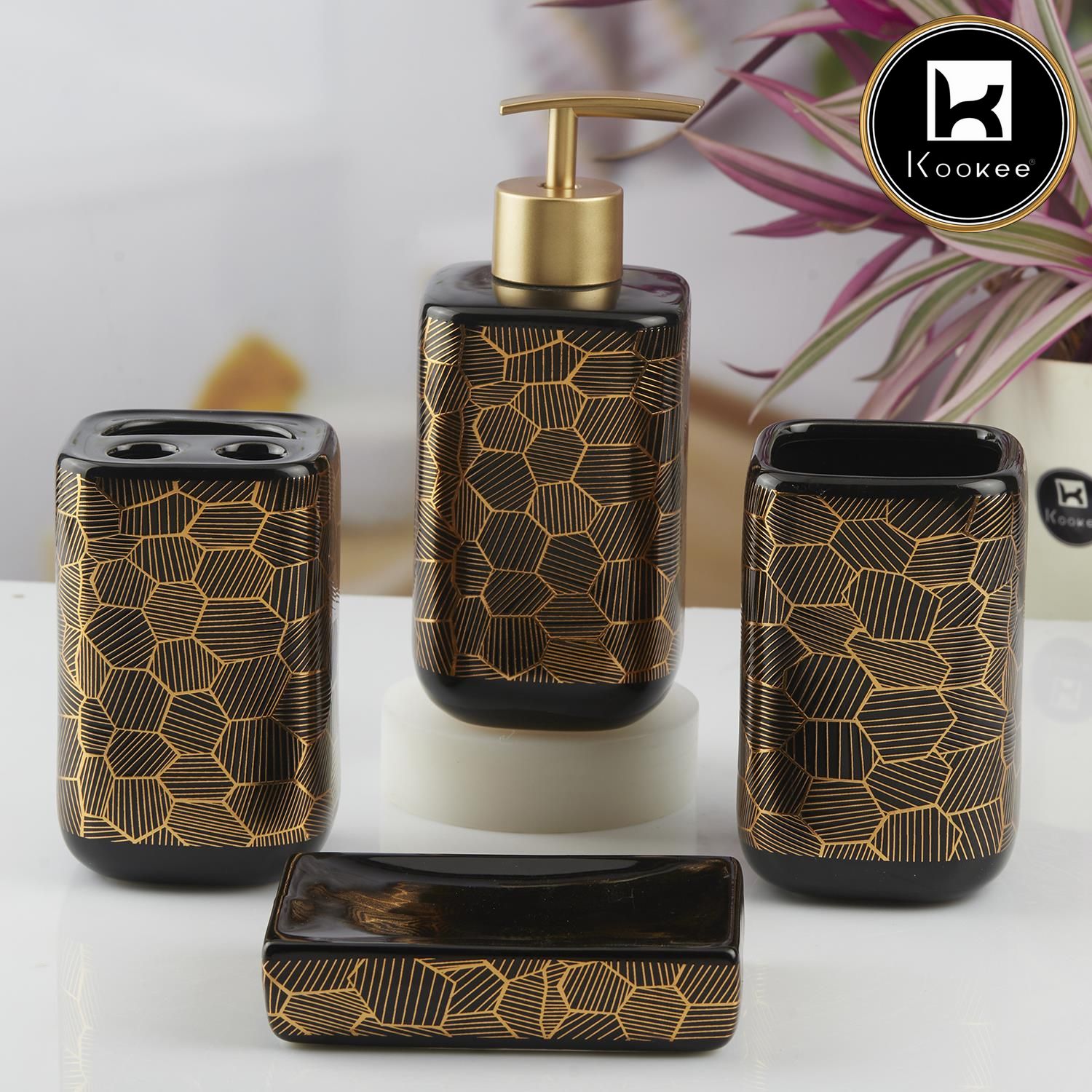 Ceramic Bathroom Set of 4 with Soap Dispenser (V-CBS-006-4)
