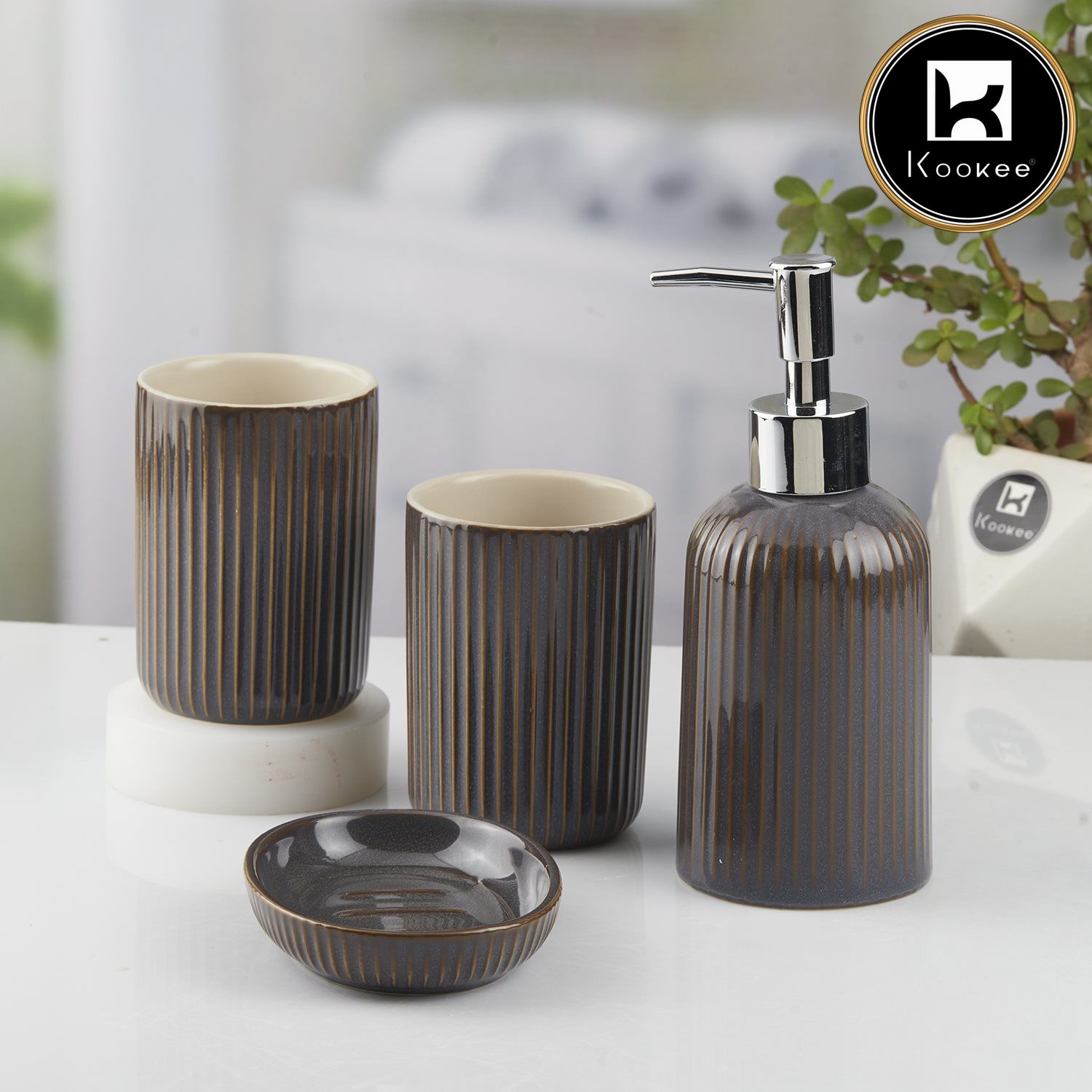 Ceramic Bathroom Set of 4 with Soap Dispenser (10464)