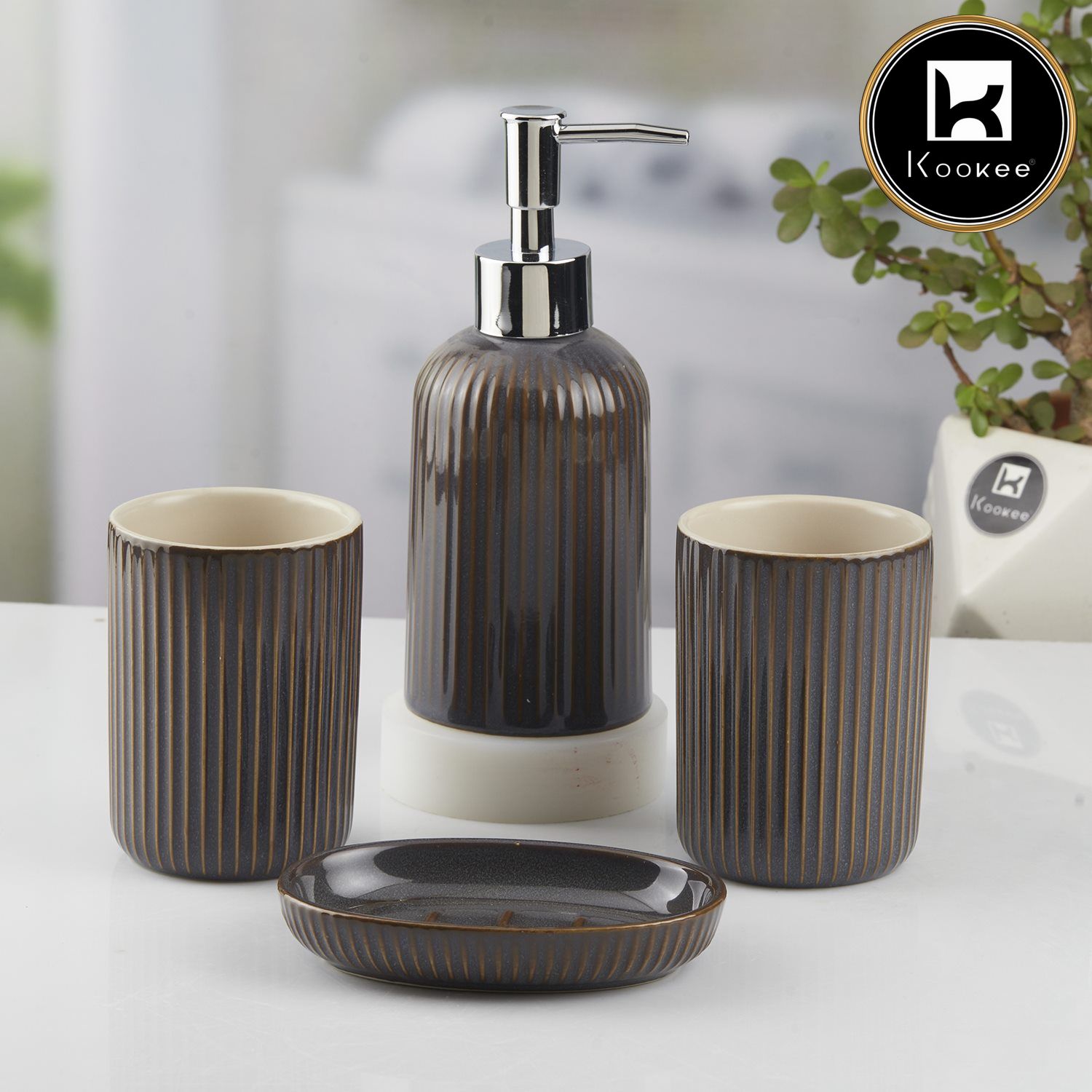 Ceramic Bathroom Set of 4 with Soap Dispenser (10464)