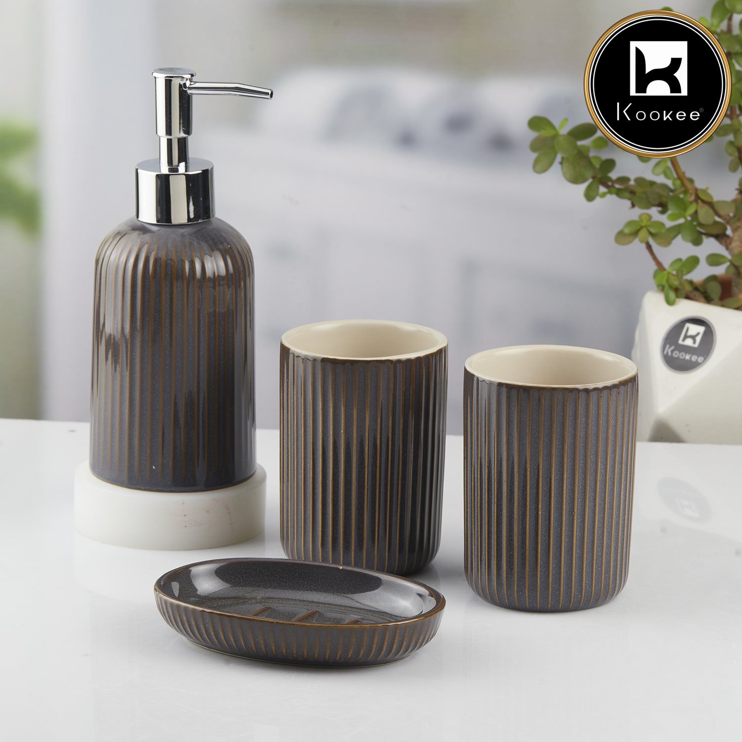 Kookee Ceramic Bathroom Accessories Set of 4, Modern Bath Set with Liquid handwash Soap Dispenser and Toothbrush holder, Luxury Gift Accessory for Home, Grey