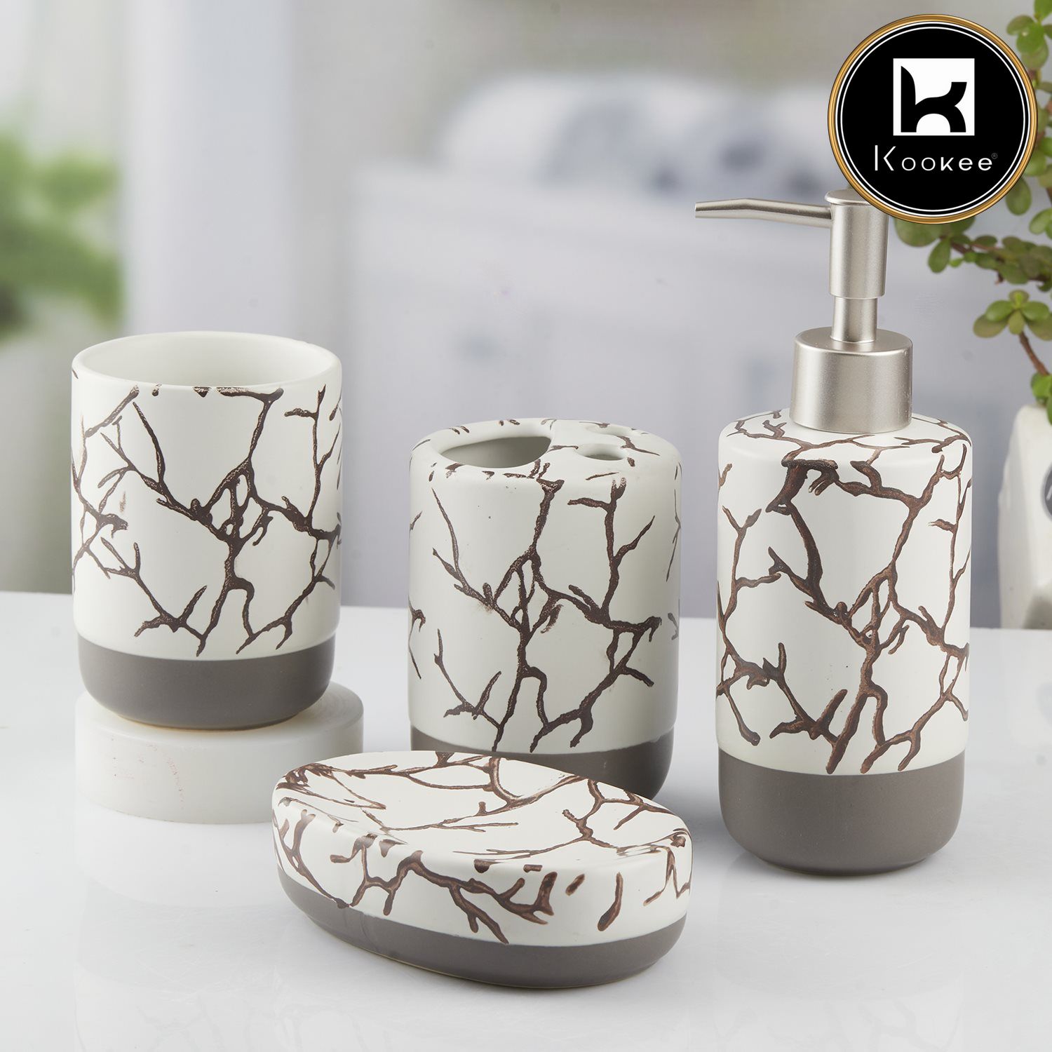 Ceramic Bathroom Set of 4 with Soap Dispenser (10465)