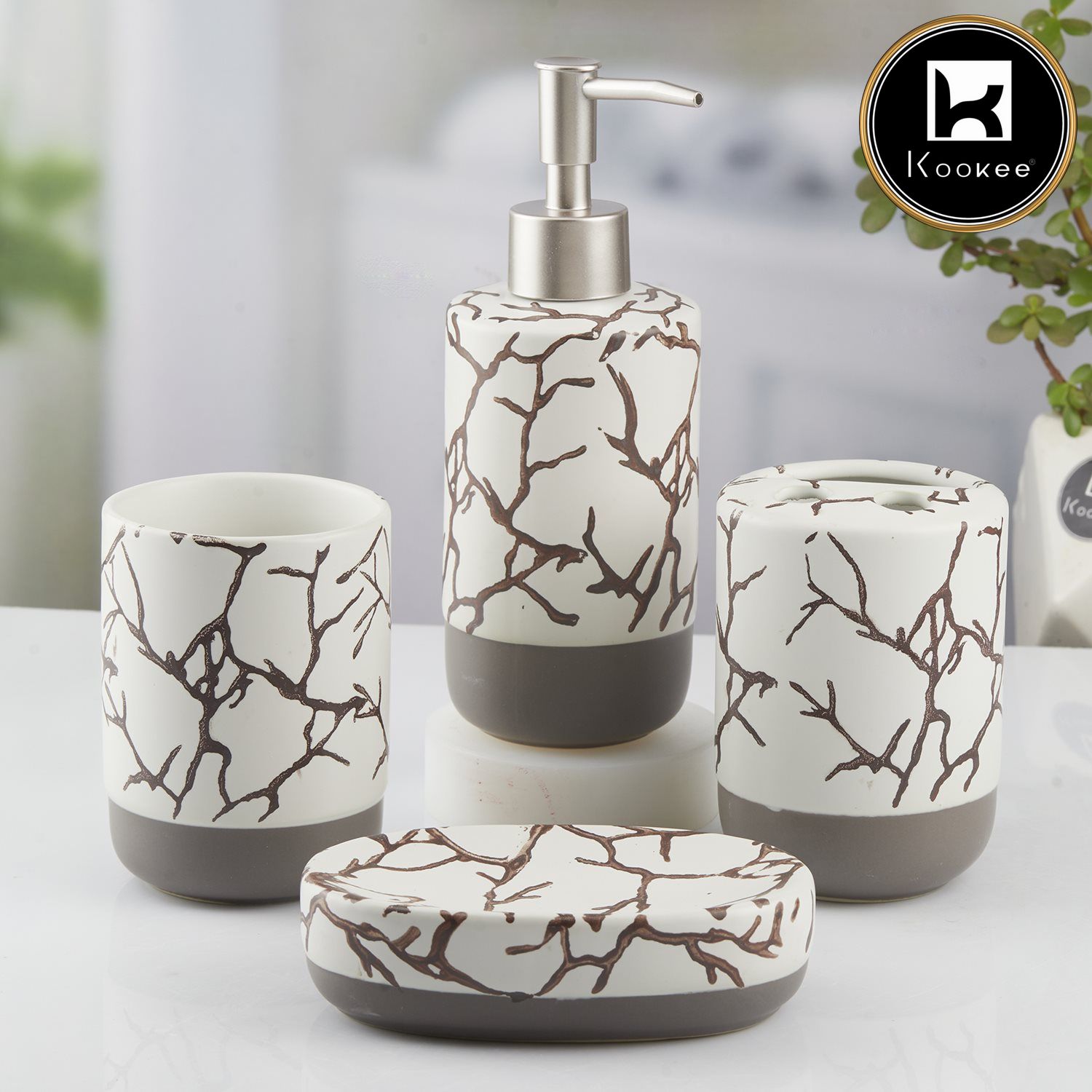 Ceramic Bathroom Set of 4 with Soap Dispenser (10465)