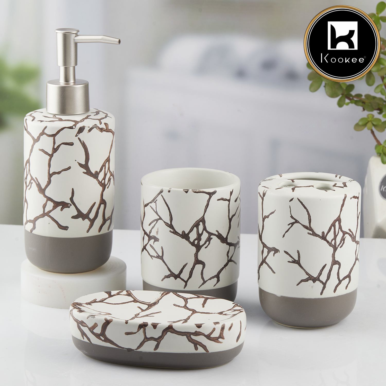 Ceramic Bathroom Set of 4 with Soap Dispenser (10465)