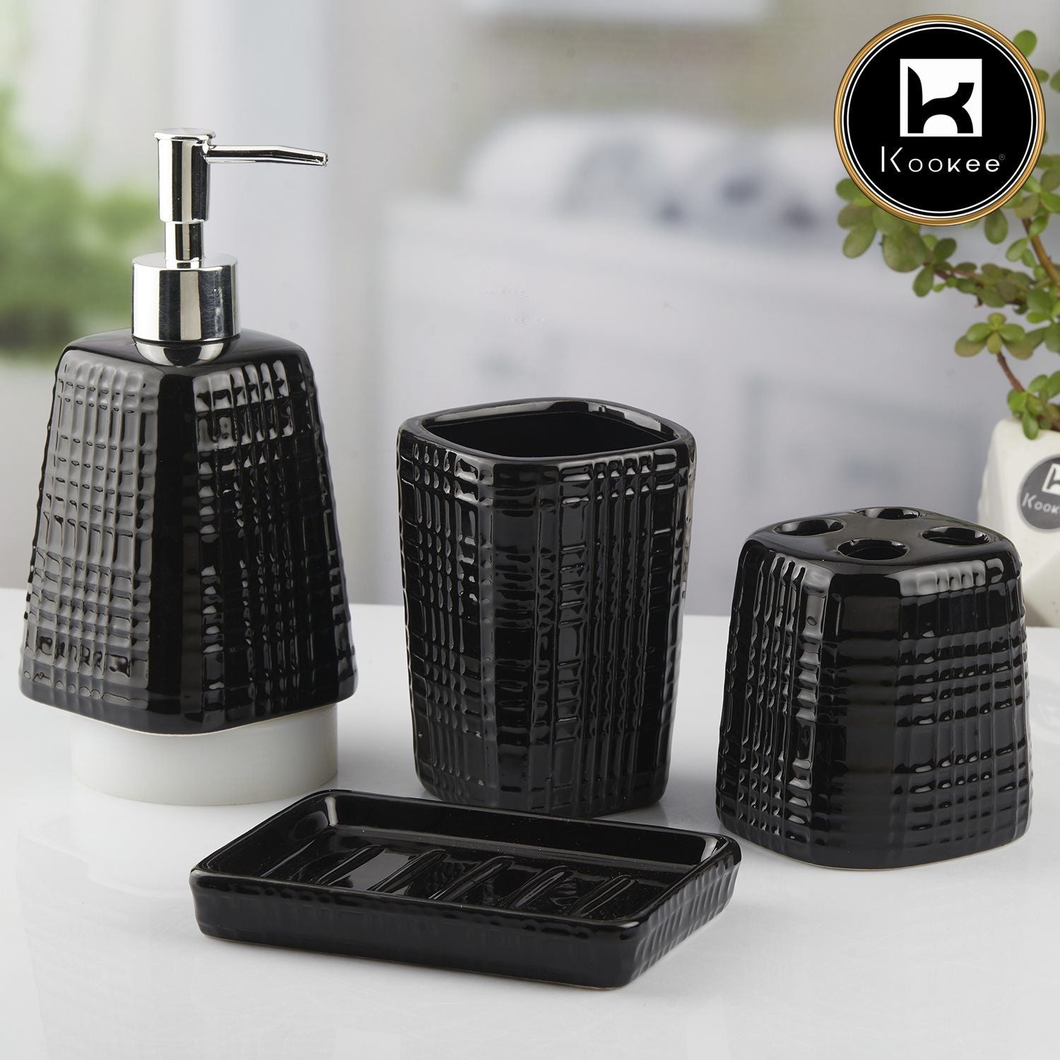 Kookee Ceramic Bathroom Accessories Set of 4, Modern Bath Set with Liquid handwash Soap Dispenser and Toothbrush holder, Luxury Gift Accessory for Home, Black