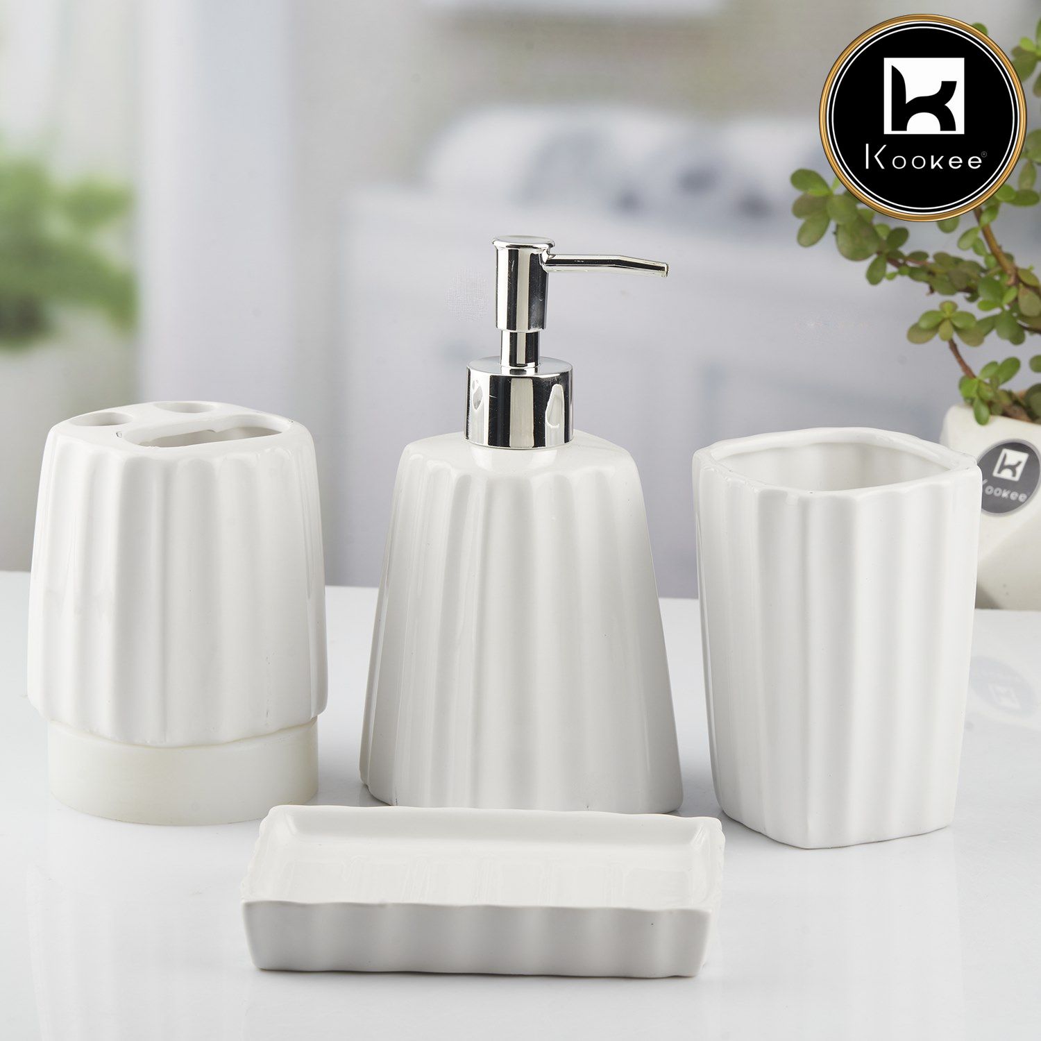 Ceramic Bathroom Set of 4 with Soap Dispenser (10468)