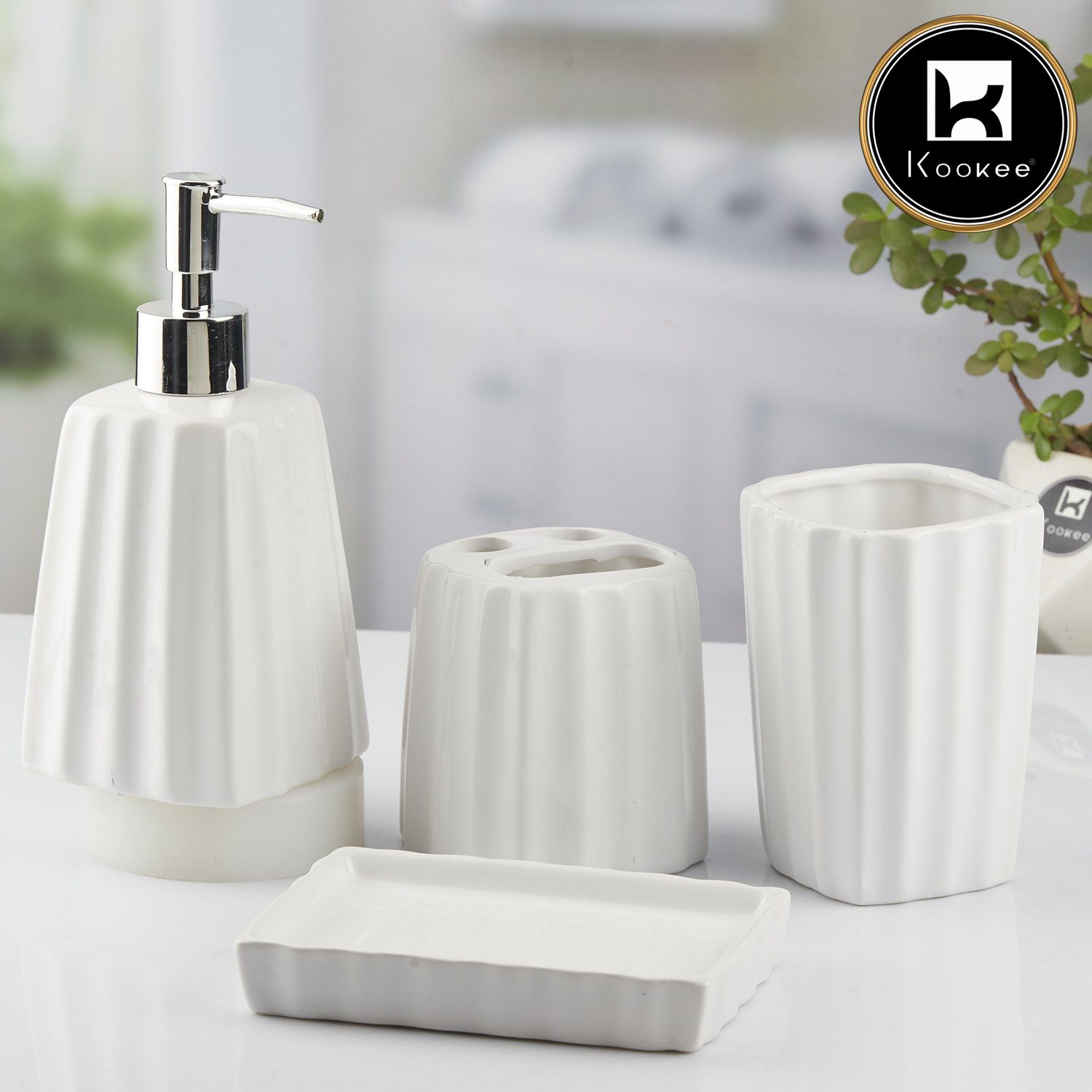 Kookee Ceramic Bathroom Accessories Set of 4, Modern Bath Set with Liquid handwash Soap Dispenser and Toothbrush holder, Luxury Gift Accessory for Home, White