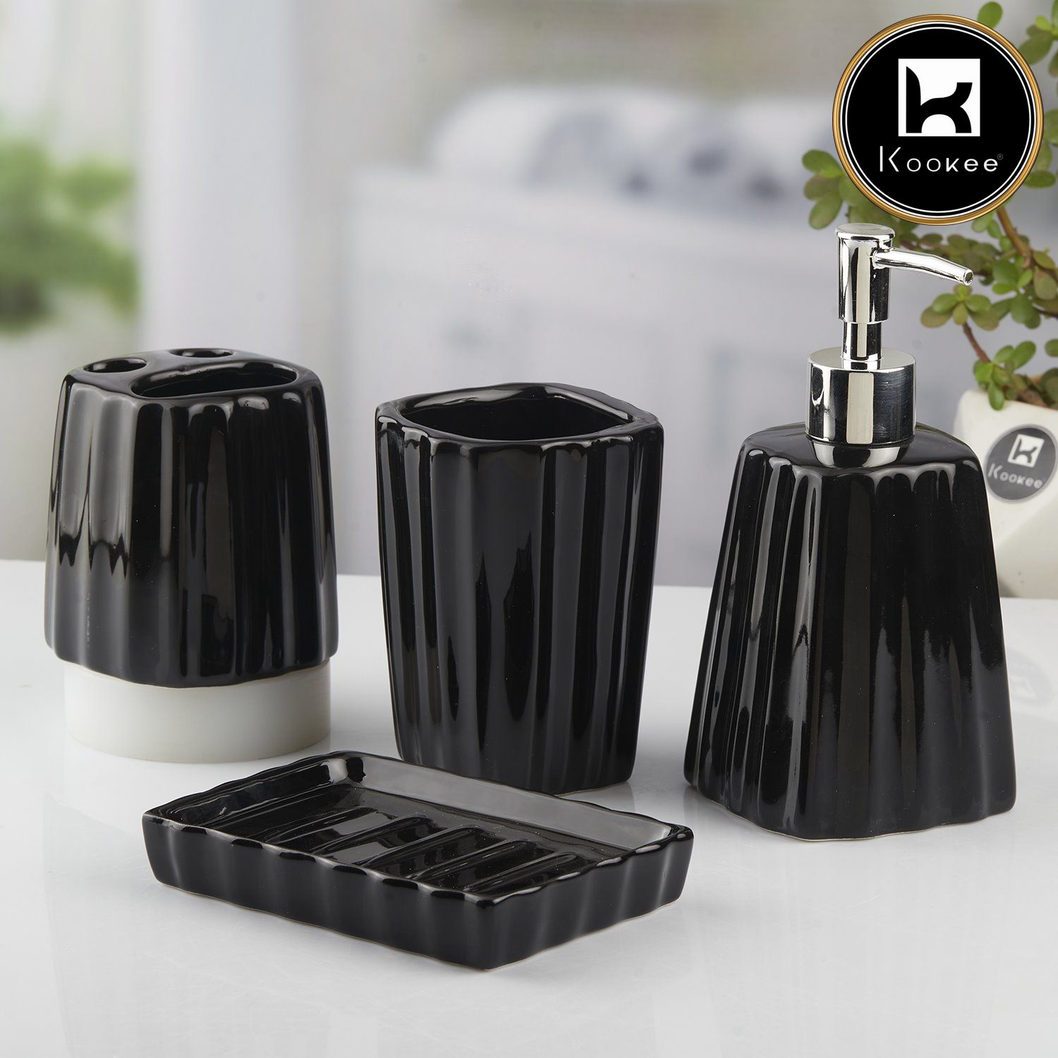 Ceramic Bathroom Set of 4 with Soap Dispenser (V-CBS-010-4)