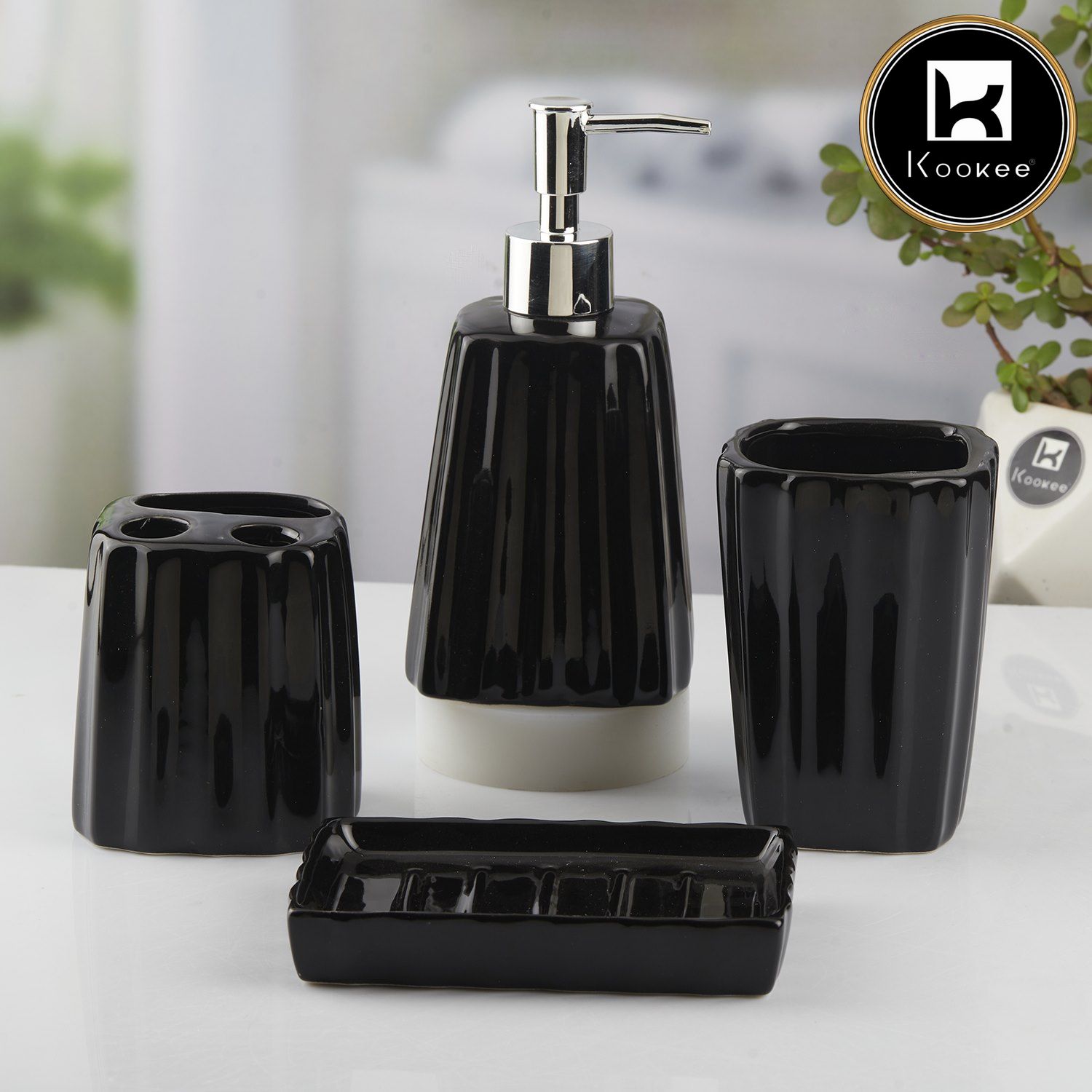 Ceramic Bathroom Set of 4 with Soap Dispenser (V-CBS-010-4)