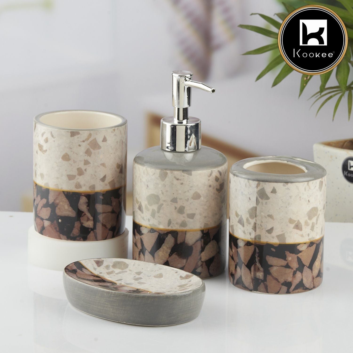 Ceramic Bathroom Set of 4 with Soap Dispenser (10470)