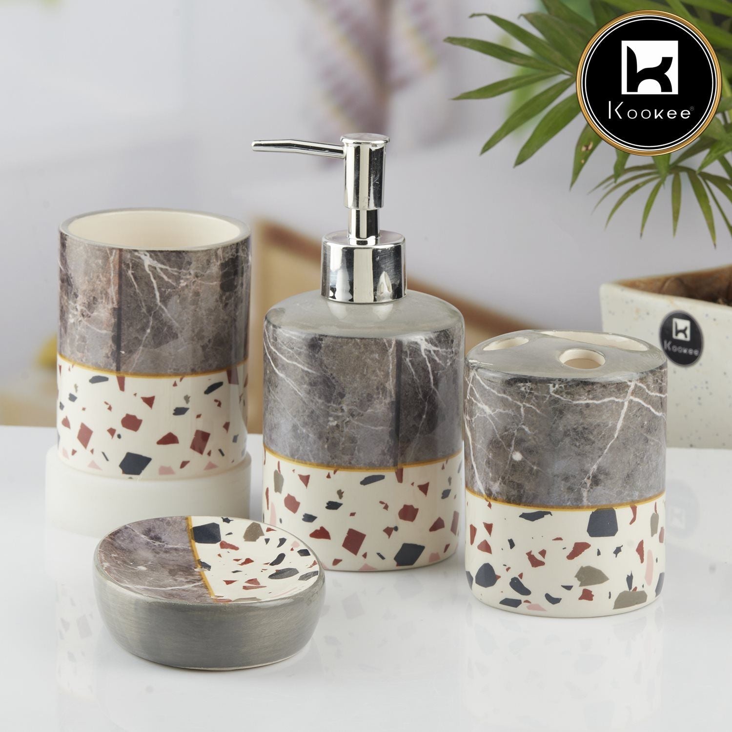 Ceramic Bathroom Set of 4 with Soap Dispenser (10471)