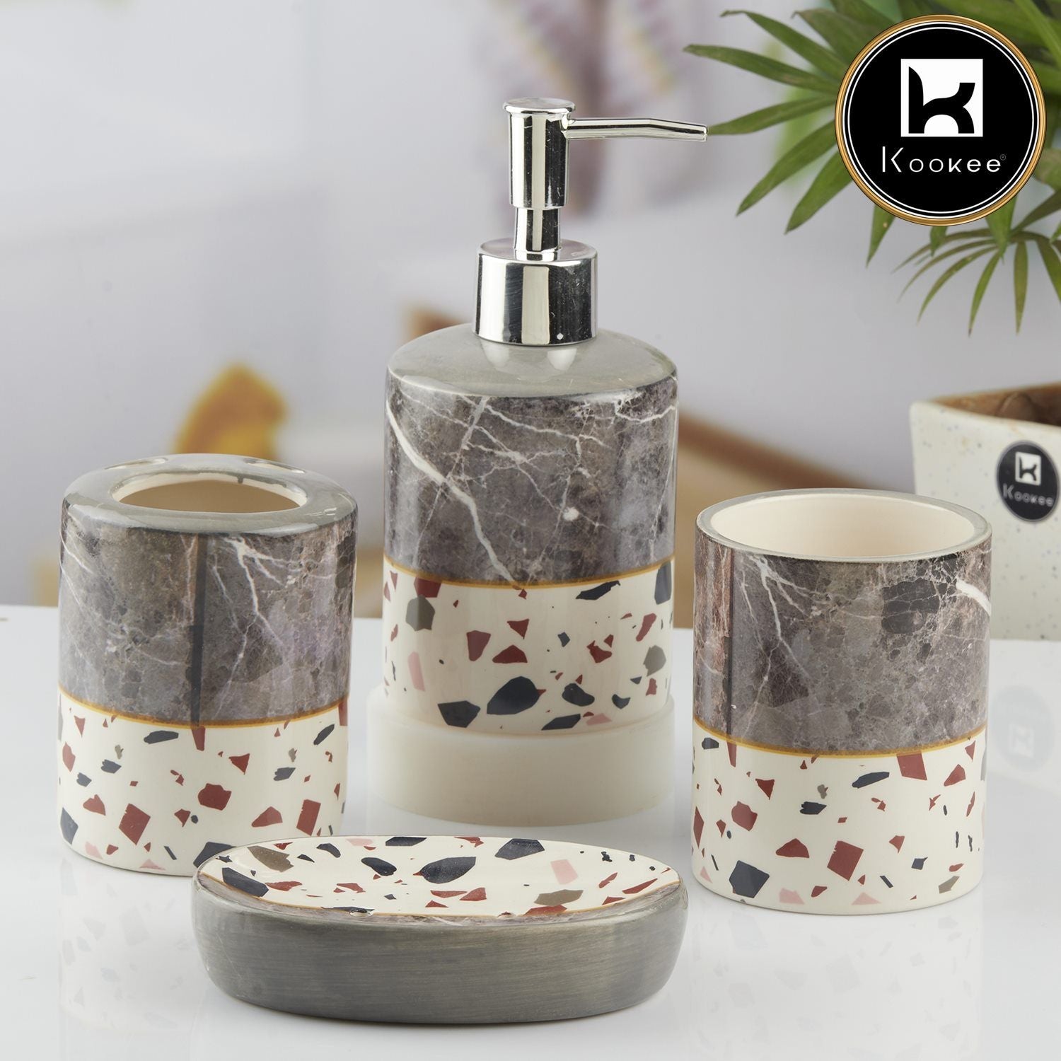 Ceramic Bathroom Set of 4 with Soap Dispenser (10471)