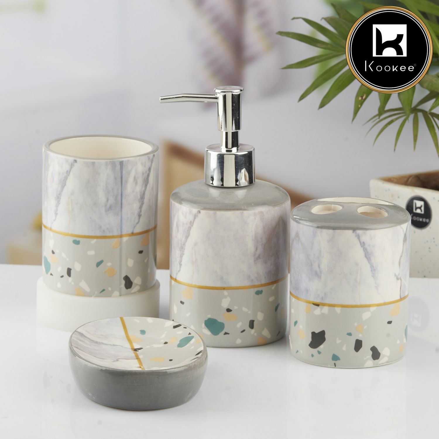 Ceramic Bathroom Set of 4 with Soap Dispenser (10472)