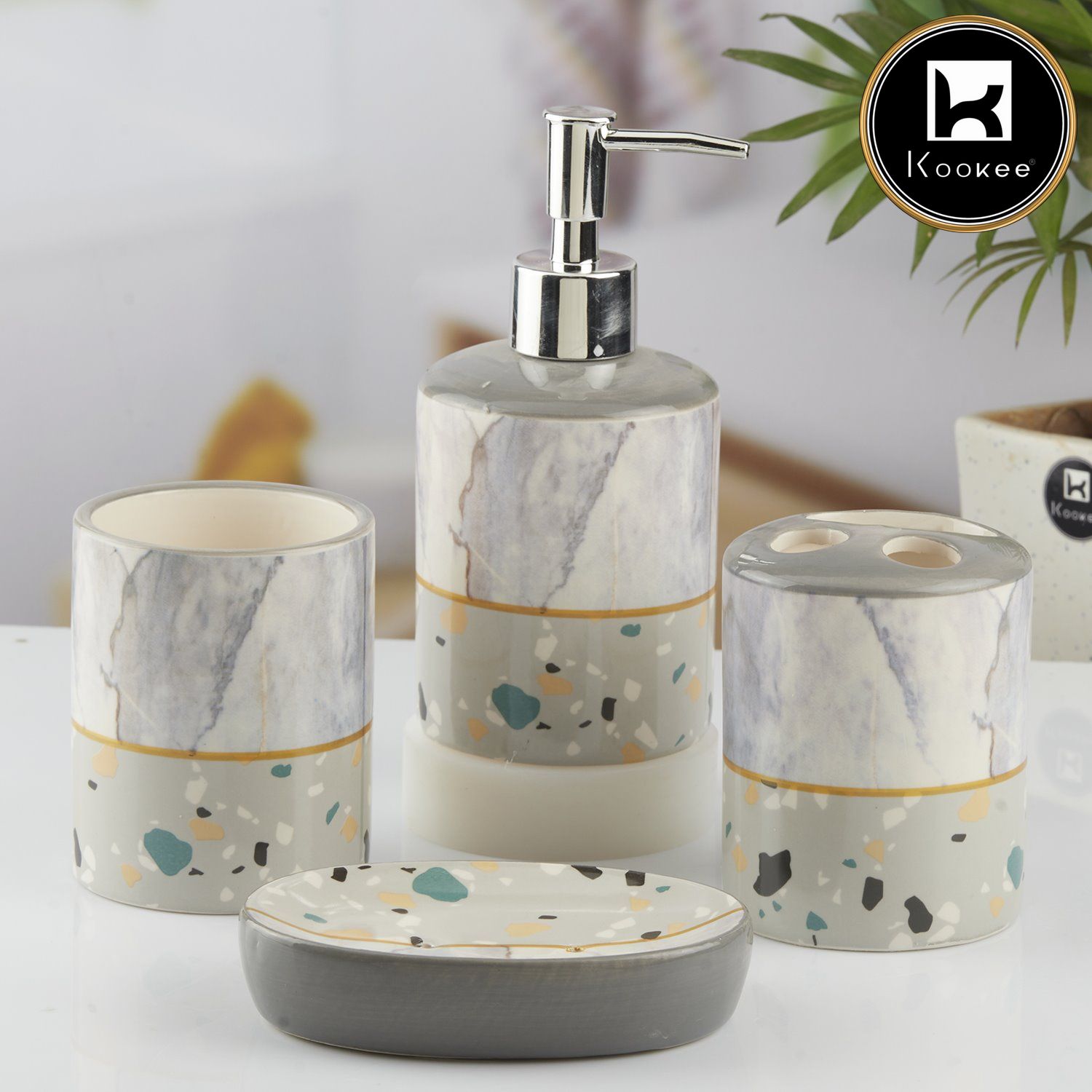 Ceramic Bathroom Set of 4 with Soap Dispenser (10472)