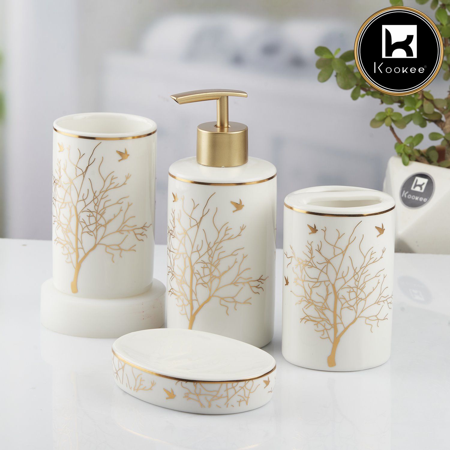 Ceramic Bathroom Set of 4 with Soap Dispenser (10474)